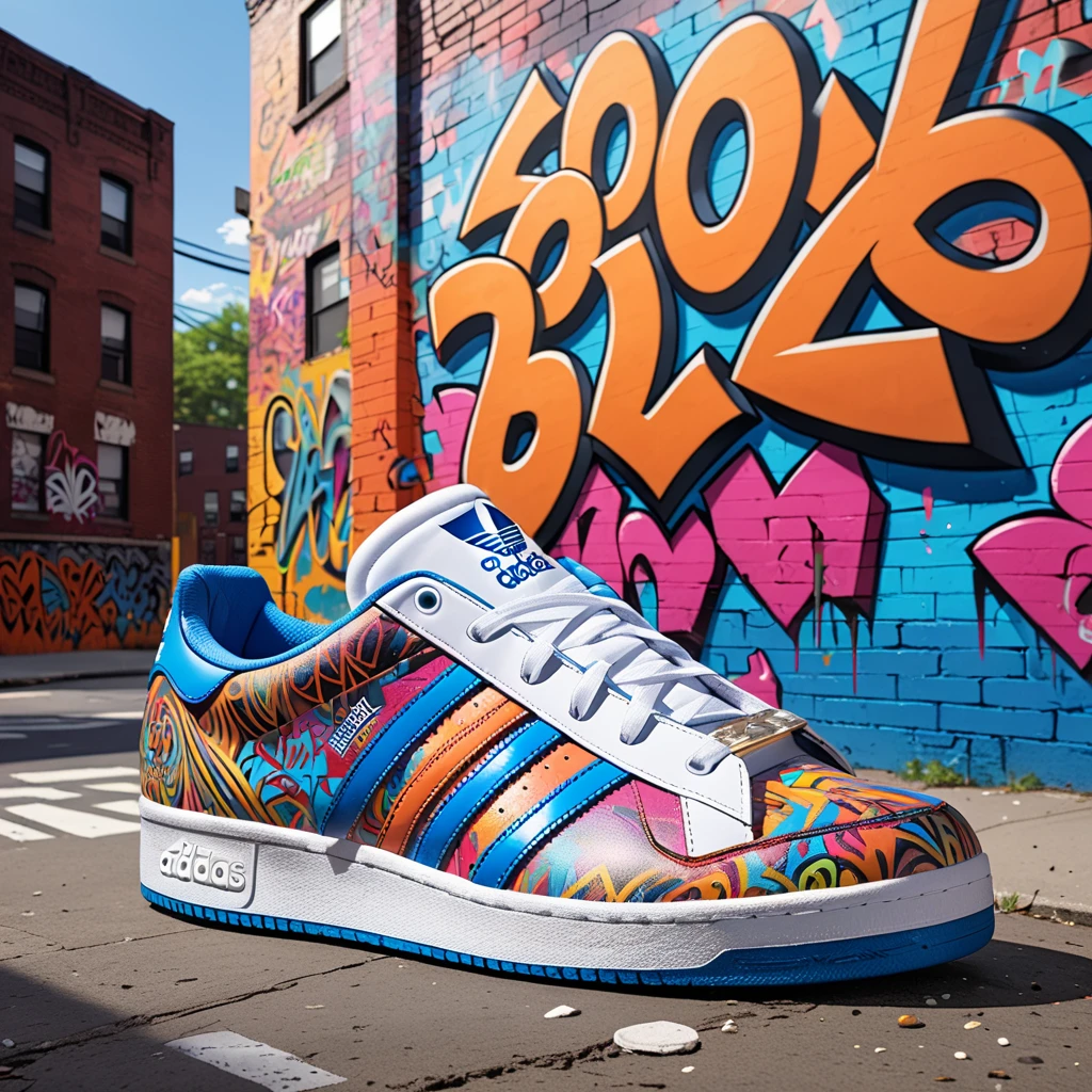 Full color drawing of south bronx hiphop, hip hop, hip hop, hip hop, adidas sneakers, wrap (((Graffiti art) (By Karen Griffiths))), against the backdrop of the city, Intricate details, Super detailed , Cinema Soft Light, Exposure Blending, High Dynamic Range, front
