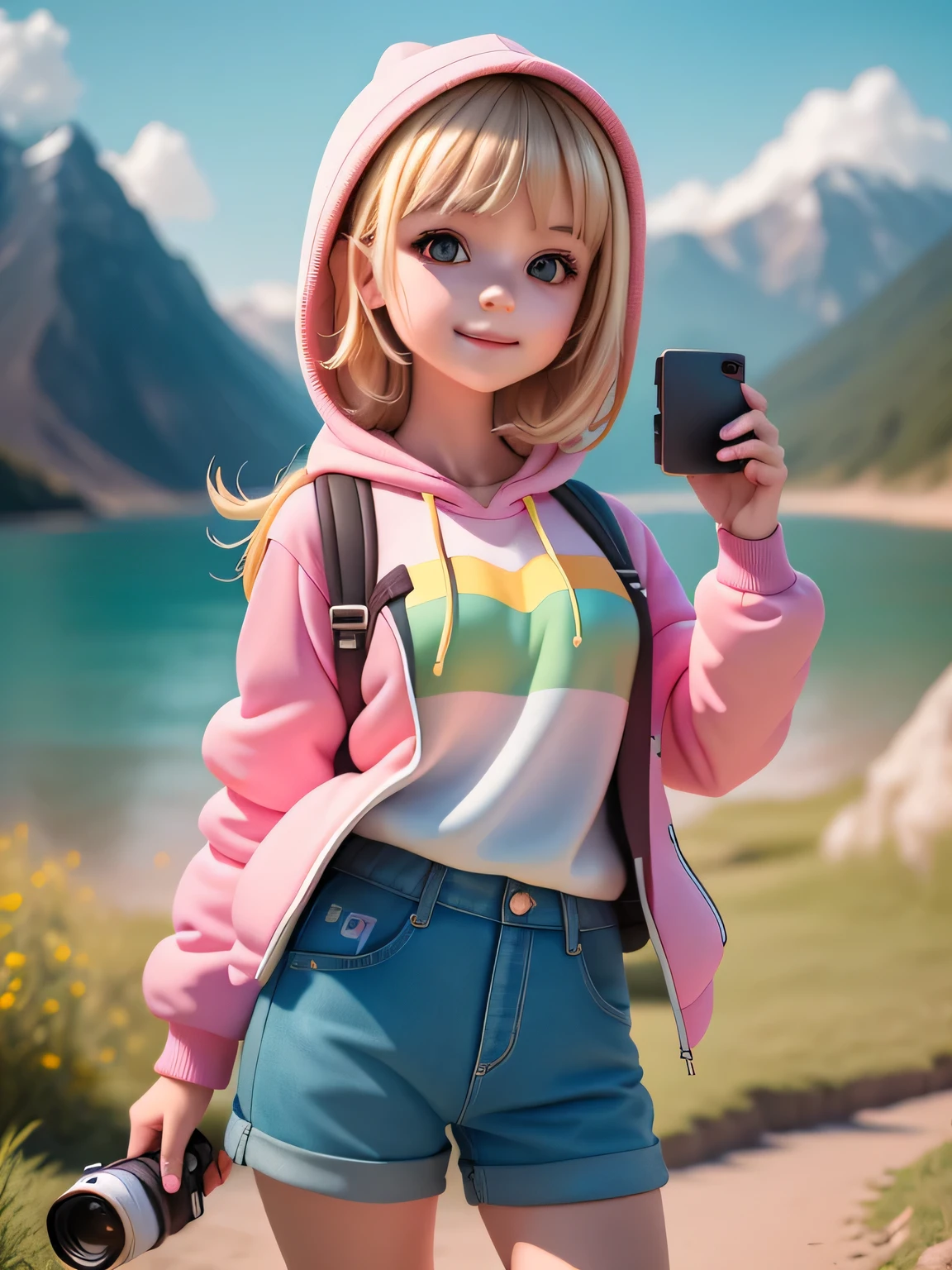(masterpiece), (better quality), (ultra detailed), (Whole body: 1.2), (((girl photographer, smartphone in hand, photographing the natural landscape))), beautiful and cute baby, neon theme, blonde, hood, colorful sweatshirt, Knitted overalls, trousers, jacket, blouse, Clear smile, Whole body, :3, background in pastel colors , Colorful & Simple.