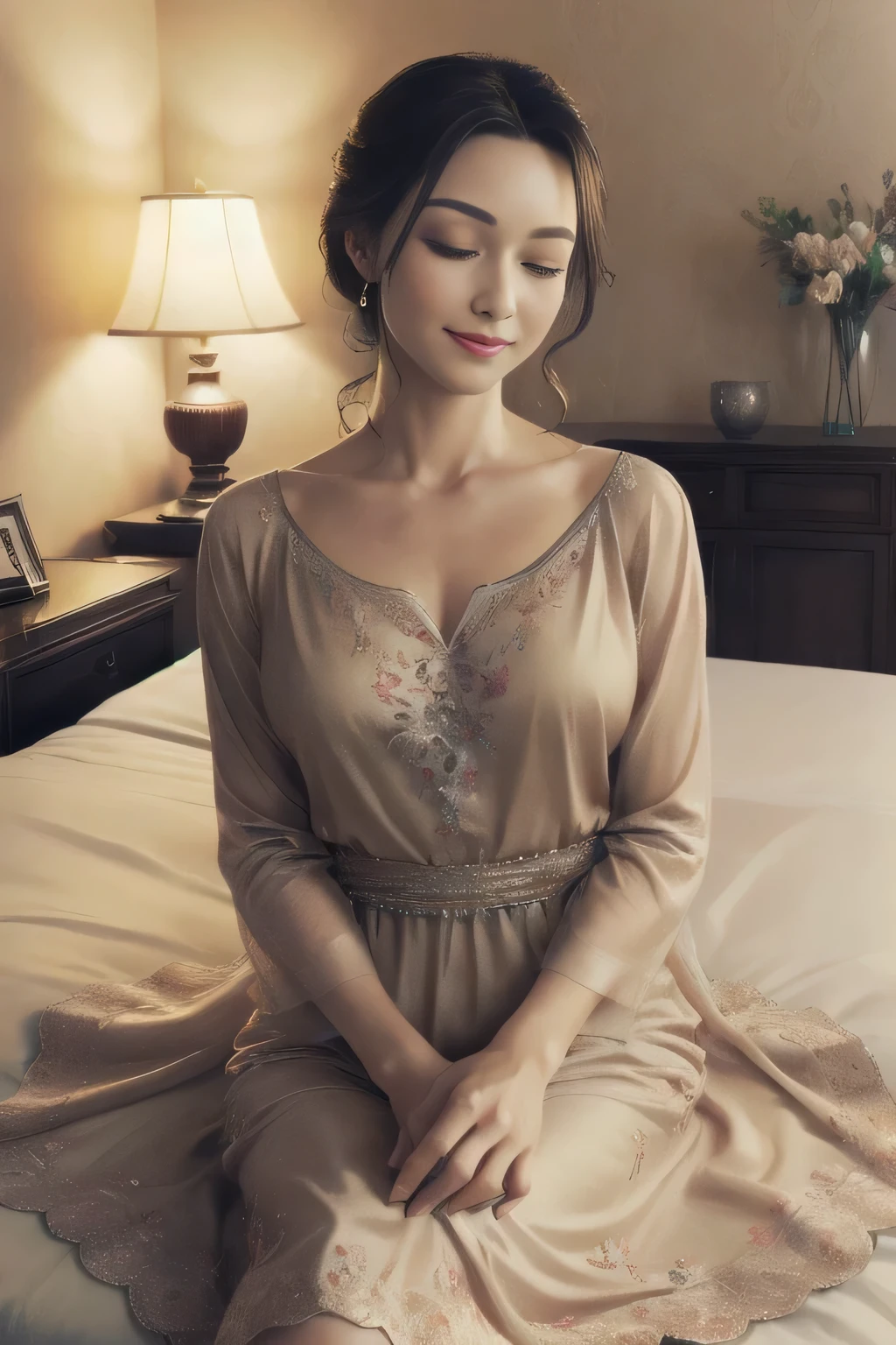 (best quality, highres, realistic:1.37), detailed, vibrant colors, soft lighting, cozy atmosphere, homely feeling, elegant, flowing dress, gentle smile, luxurious bed, floral decorations, peaceful ambiance, candlelit shadows, serenity