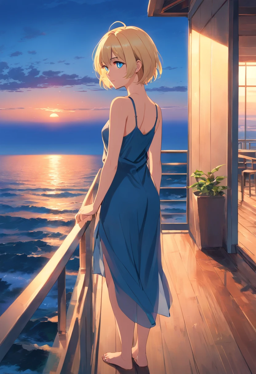 Women, ((Blonde)), ((Blue eyes)), ((Short hair)), ((Full Body)),on an open terrace looking melancholy at the sea at the sunset, posing sexy in a transparent black negligee