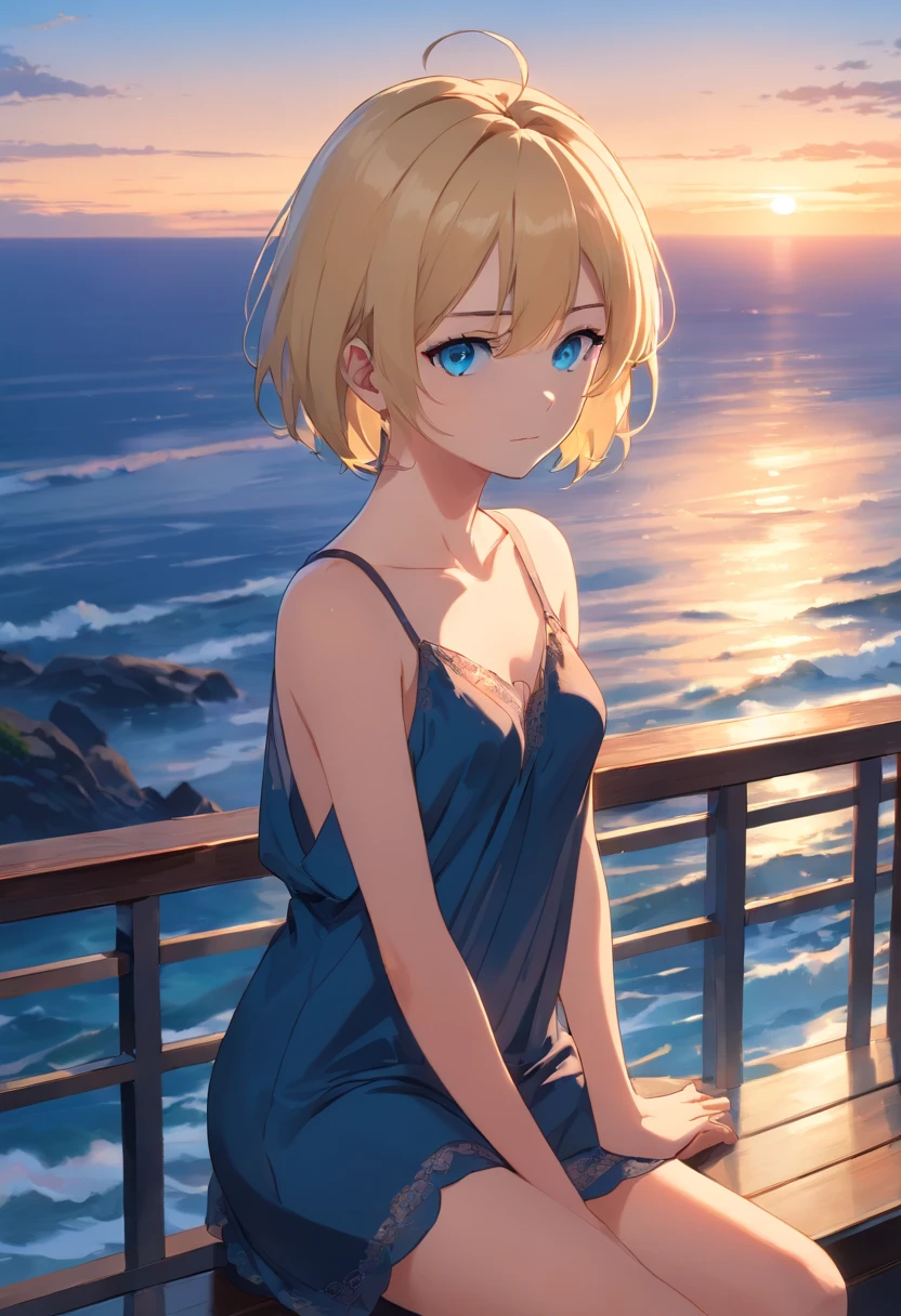  Women, ((Blonde)), ((Blue eyes)), ((Short hair)), ((Full Body)),on an open terrace looking melancholy at the sea at the sunset, posing sexy in a transparent black negligee