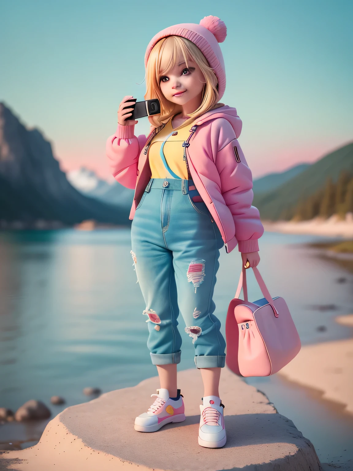 (masterpiece), (better quality), (ultra detailed), (Whole body: 1.2), (((girl photographer, smartphone in hand, photographing the natural landscape))), beautiful and cute baby, neon theme, blonde, hood, colorful sweatshirt, Knitted overalls, trousers, jacket, blouse, Clear smile, Whole body, :3, background in pastel colors , Colorful & Simple.