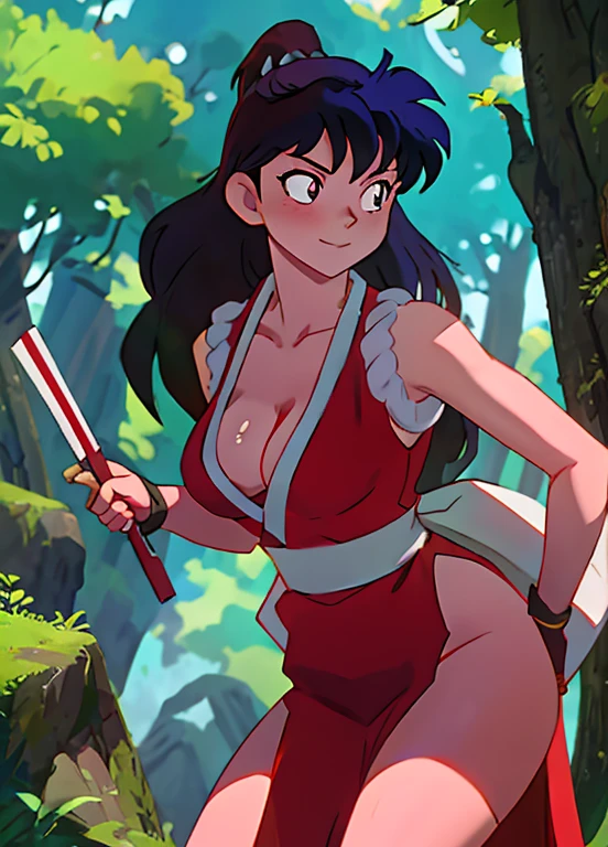 masterpiece, best quality, Kagome Higurashi, 25 years old, large breasts, cleavage, very busty, big hips, She stands tall while wearing a red Kunoichi dress, pelvic curtain, arm guards and gloves. she's looking directly at the camera with an confident smirk. Her gaze is both alluring and fierce, as she holds a red fan with a tight grip. cowboy shot, BREAK Outdoors, the view of the green forest, Perfect Anatomy,(Professional Lighting), 4k textures, raw photo, epic artistic, photoreal art, sharp focus, even lighting, insane details, intricate details, hyperdetailed, rich colors
