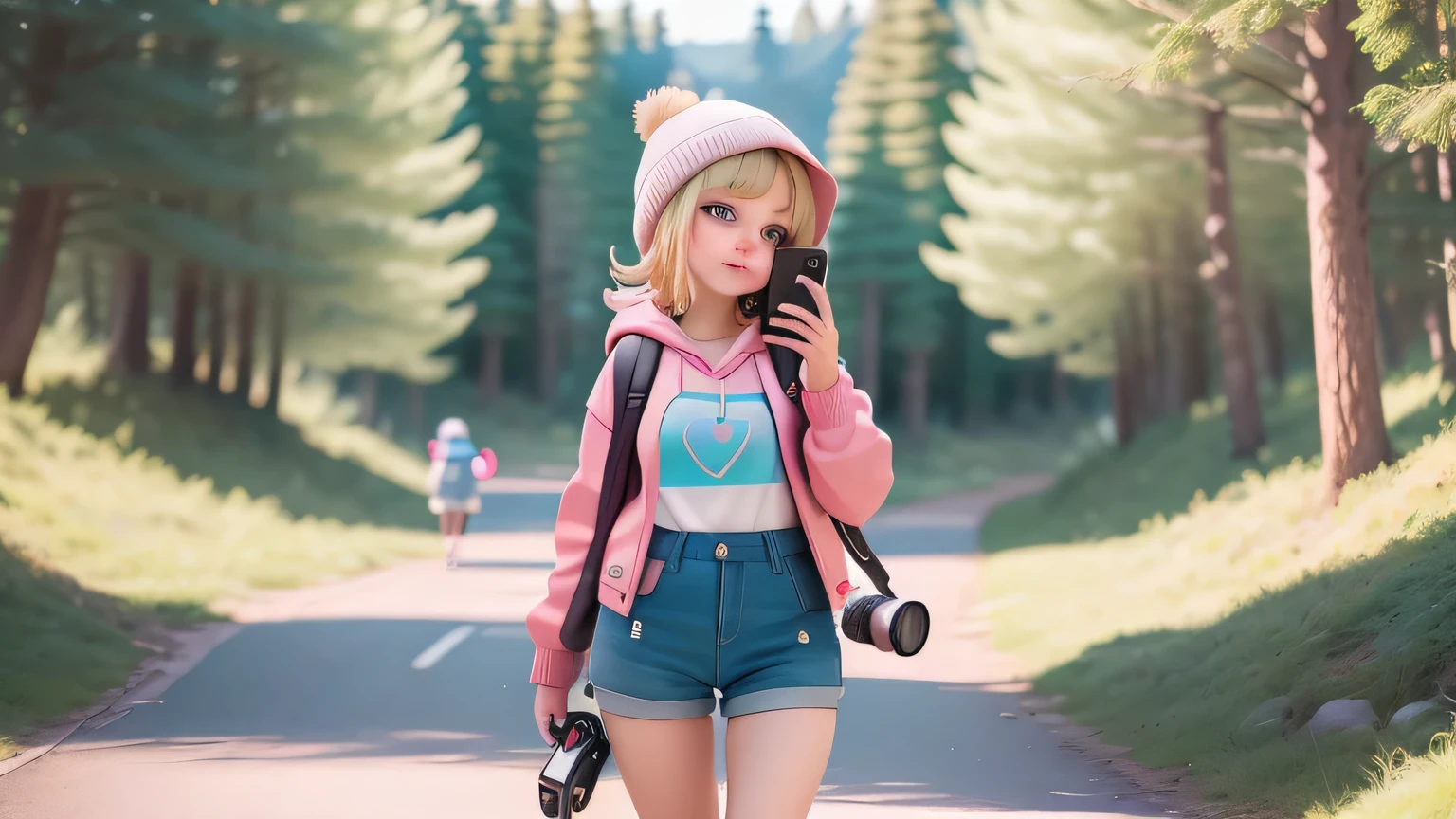 (masterpiece), (better quality), (ultra detailed), (Whole body: 1.2), (((girl photographer, smartphone in hand, photographing the natural landscape))), beautiful and cute , neon theme, blonde, hood, colorful sweatshirt, Knitted overalls, trousers, jacket, blouse, Clear smile, Whole body, :3, background in pastel colors , Colorful & Simple.