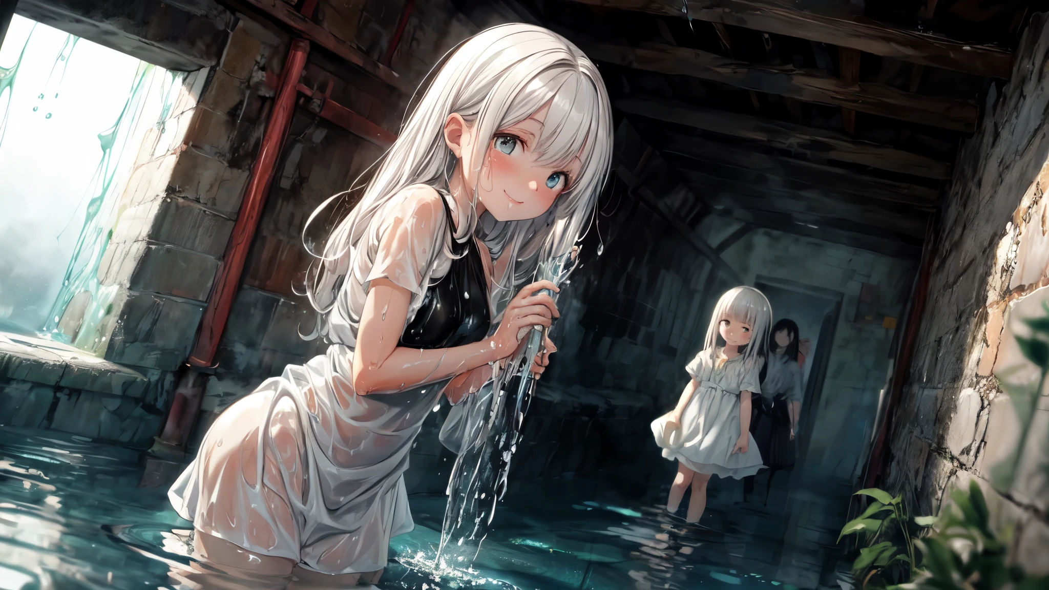 hyper quality, high resolution, intricate details, panorama, dutch angle, (2 little girls) wearing (white and black silk dress), silk texture dress, (white dress and black dress:1.2), (very large dress, best silk texture, best Wrinkles on dress), full body, Beautiful eyes, (Partial submerse:1.1),Partial dress in water, (Water sprayed, water column:1.1) (wet, very wet dress, wet body, wet long hair, wet sleeve, wet silk dress, wet skin:1.1), (Transparent mucus wrapping, water drop), submerse in water, Poignant and beautiful, Smile in despair, smile in sadness, closed mouth, (beautiful and detailed water:1.1), (dark dungeon, dark and damp water dungeon, enclosed space:1.15), (Cement walls), dark light, light source, (atmosphere of despair:1.15), (Water mist), inspired by the flower house Yiding's manga painting, Pixiv competition winner, ukiyo-e, ukiyo-e art style, ukiyo-e style, Japanese art style, Japanese illustrator,