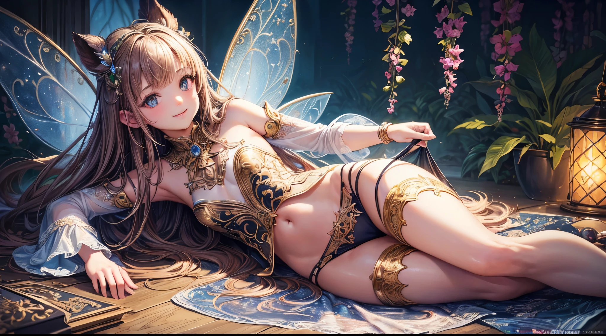 ( Absurd, High quality, ultra-detailed, masterpiece, concept art, smooth, highly detailed artwork, hyper-realistic painting ) , tiny , young girl, cute, whole body, Romantic, Vivid, dreamy, fantasy, fairy, enchanting glow, very detailed art, reveal clothes, sexy lace underwear, smile, teasing and youthful, flat-chested