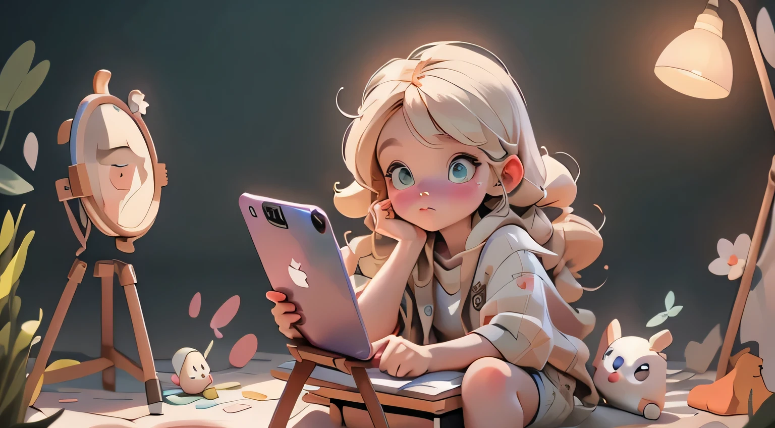 A blogger girl and a young artist, 10 years old, a pretty blonde with long hair, shoots a distant view of the natural landscape on her smartphone. (((smartphone in hand)))Around her are various blogger accessories for shooting, a hoop-shaped flashlight, a microphone, a tripod with a smartphone. next to him is an easel with a canvas on which there is a sketch of a landscape, brushes, paints. Moreno