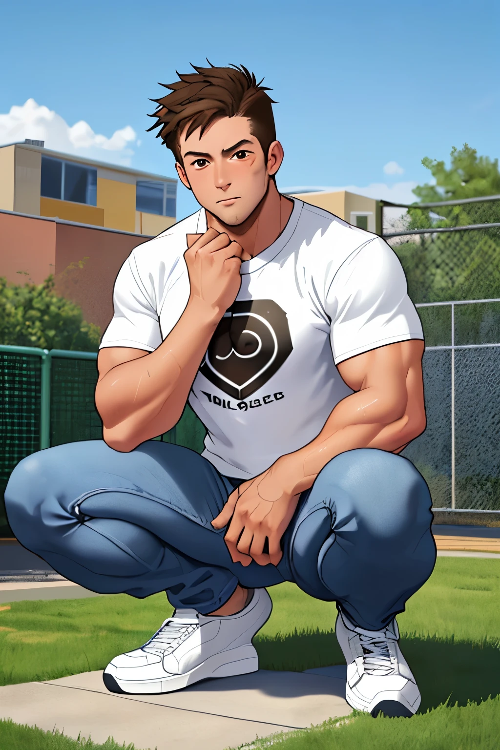 guy / age: 35 / height: 185 / hair: brunette, short hair / brown eyes / pumped up body / dressed: jeans and a white T-shirt with white sneakers / squatting in the backyard of the school / actions: squeezing the bulge in his hand and looking lustfully