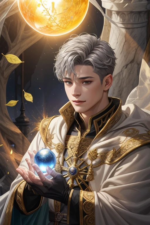 (Absurdres, Intricate Details, Masterpiece, Best Quality, High Resolution, 8k), 1 male, masculine, young, aged up, dreadful, finely detailed eyes and face, gray short back and sides hair, black eyes, portrait, looking at viewer, solo, (full body:0.6), detailed background, (RootsBranchesAI theme:1.1) glowing eyes, gentle smile, high fantasy, cleric, casting healing spell, hovering in air, sunshine, floating leaves, color cape, gloves, magic sphere, divine spell, mana, bright realistic lighting, marble castle in background, peaceful atmosphere, tiara of light hovering above head, , Depth of Field, VFX.