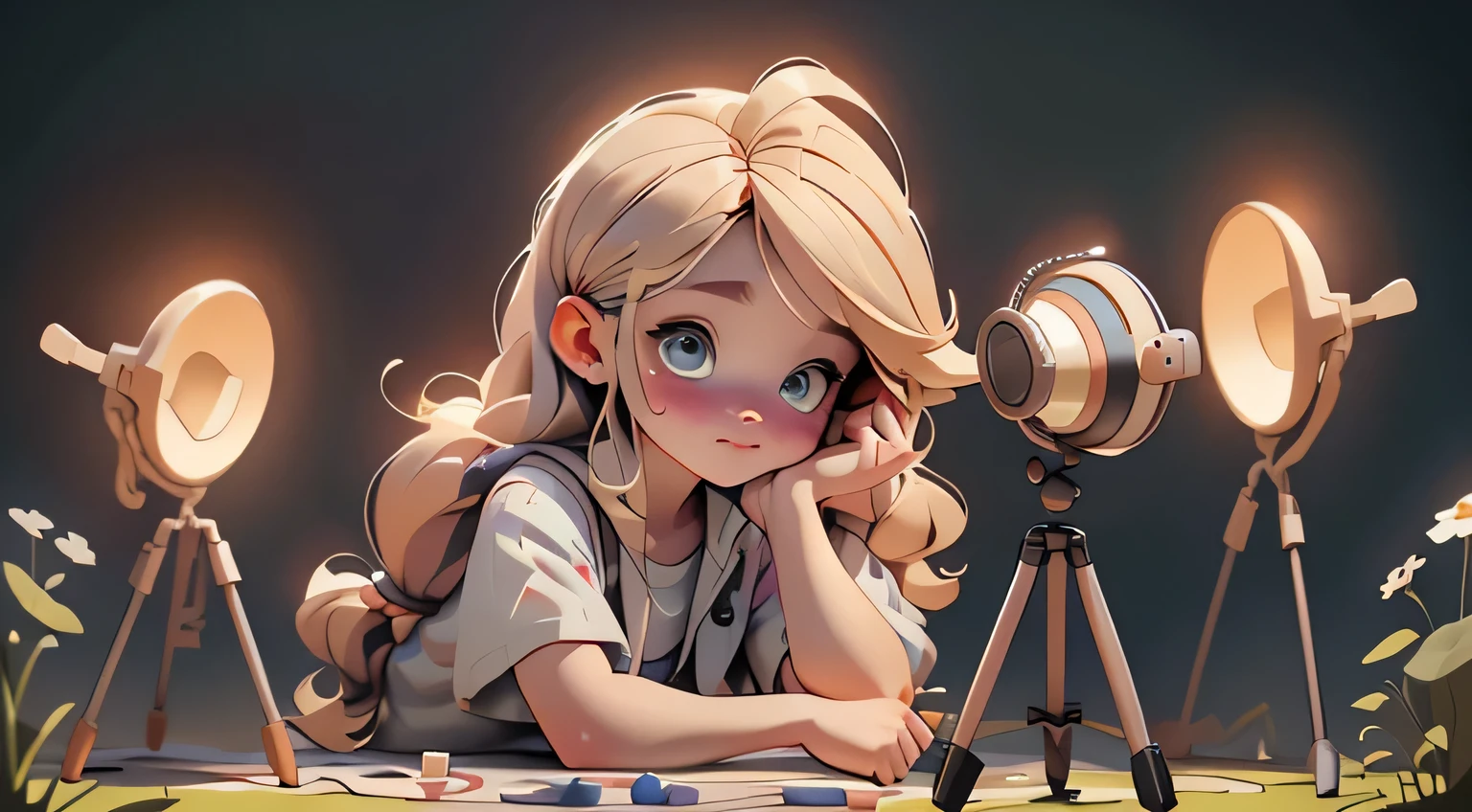 A blogger girl and a young artist, , a pretty blonde with long hair, shoots a distant view of the natural landscape on her smartphone. (((smartphone in hand)))Around her are various blogger accessories for shooting, a hoop-shaped flashlight, a microphone, a tripod with a smartphone. next to him is an easel with a canvas on which there is a sketch of a landscape, brushes, paints. Moreno
