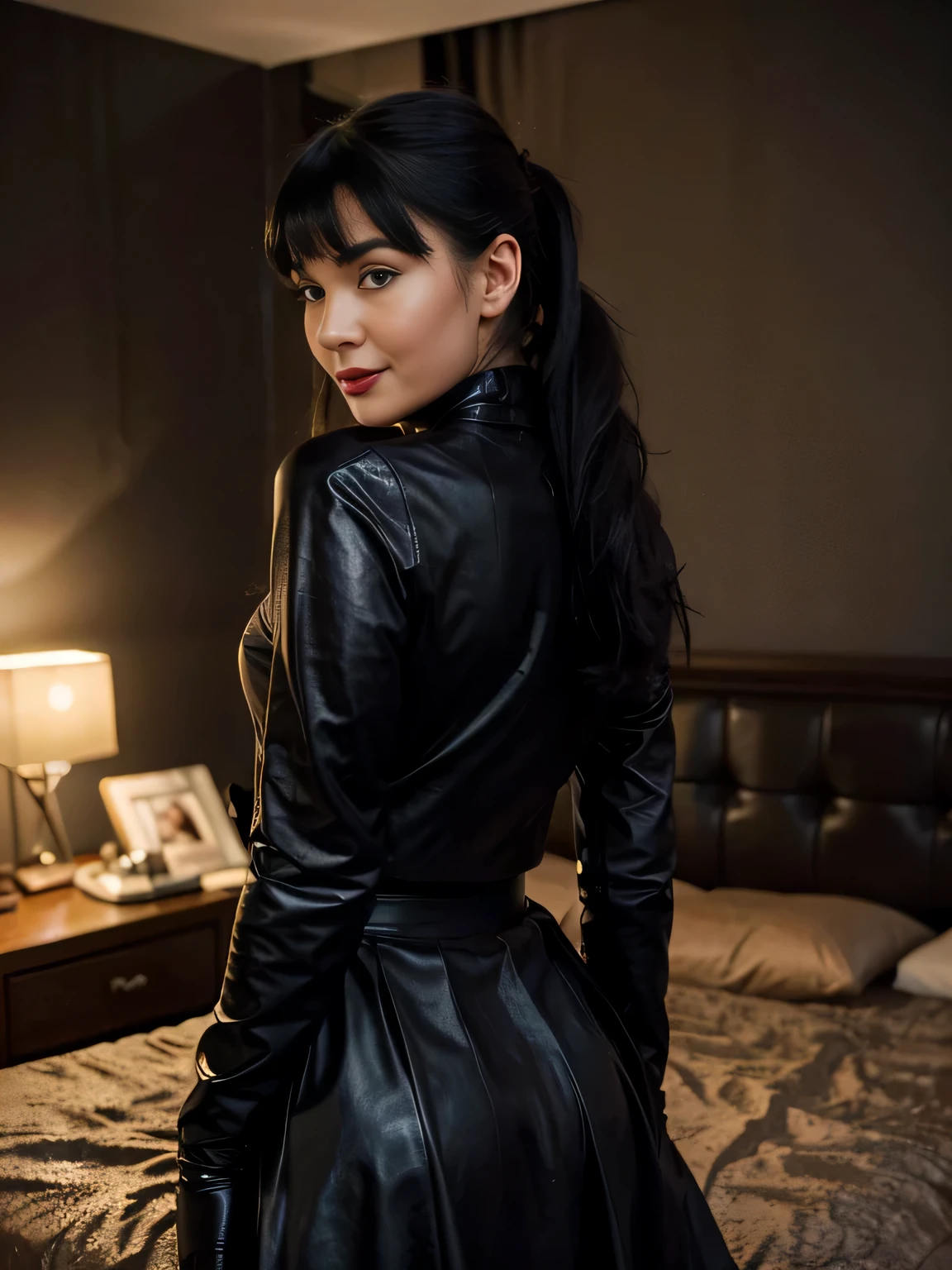proFessional portrait photograph oF a gorgeous smiling Bettie page girl in winter clothing ,ponytail Black hair, black long maxi-skirt(black long maxi-skirt:1.2),sultry Flirty look, gorgeous symmetrical Face, joli maquillage naturel, wearing elegant warm winter Fashion clothing,flirting with the camera, ((black leather gloves)), ((lying on my bed in front of me in my dark hotel room giving me her back needing love)), ultra realistic, art conceptuel, elegant, Very detailed, complexe, sharp Focus, depth oF Field, F/1. 8, 85mm, (((proFessionally color graded))), bright soFt diFFused light, (volumetric Fog), tendance sur Instagram, hdr 4k, 8K