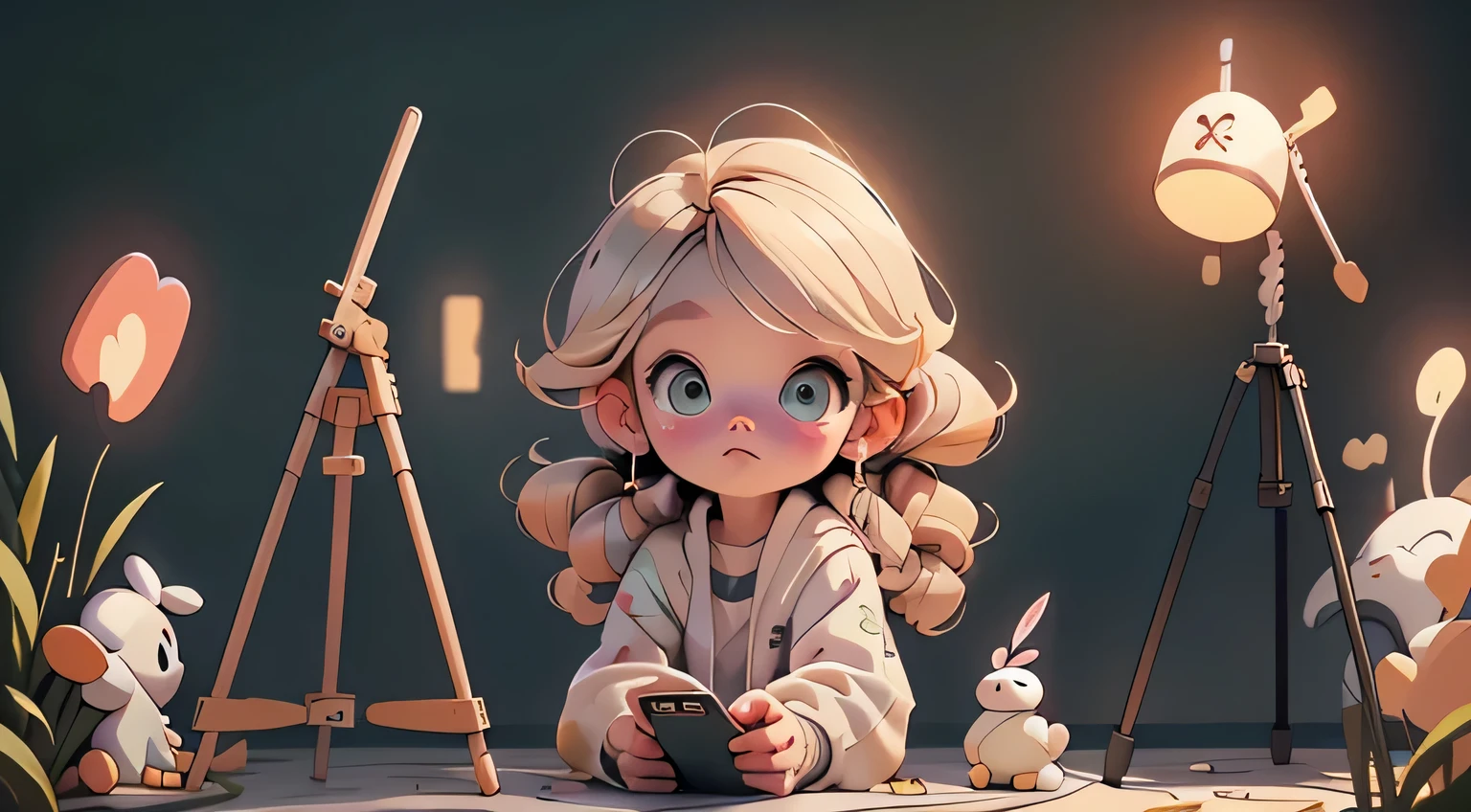 A blogger girl and a young artist, 10 years old, a pretty blonde with long hair, shoots a distant view of the natural landscape on her smartphone. (((smartphone in hand)))Around her are various blogger accessories for shooting, a hoop-shaped flashlight, a microphone, a tripod with a smartphone. next to him is an easel with a canvas on which there is a sketch of a landscape, brushes, paints.  Moreno