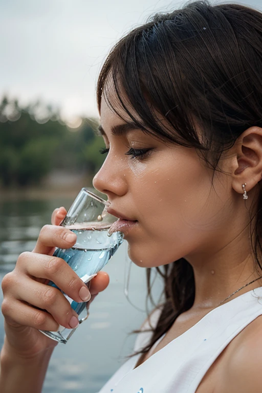 An illustration or photo of someone drinking water, with water drop icons highlighting the importance of internal hydration