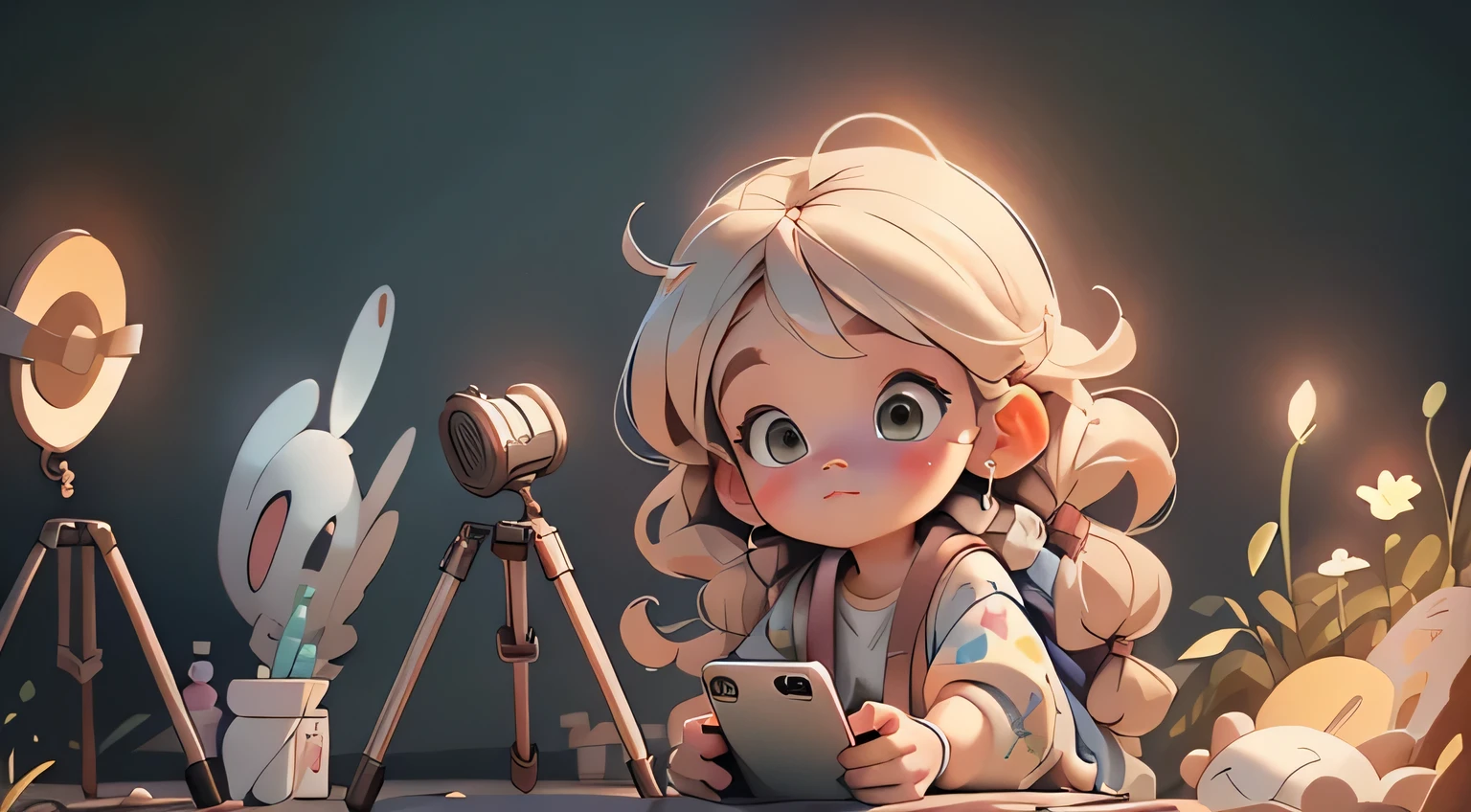 A blogger girl and a young artist, 10 years old, a pretty blonde with long hair, shoots a distant view of the natural landscape on her smartphone. (((smartphone in hand)))Around her are various blogger accessories for shooting, a hoop-shaped flashlight, a microphone, a tripod with a smartphone. next to him is an easel with a canvas on which there is a sketch of a landscape, brushes, paints. Moreno