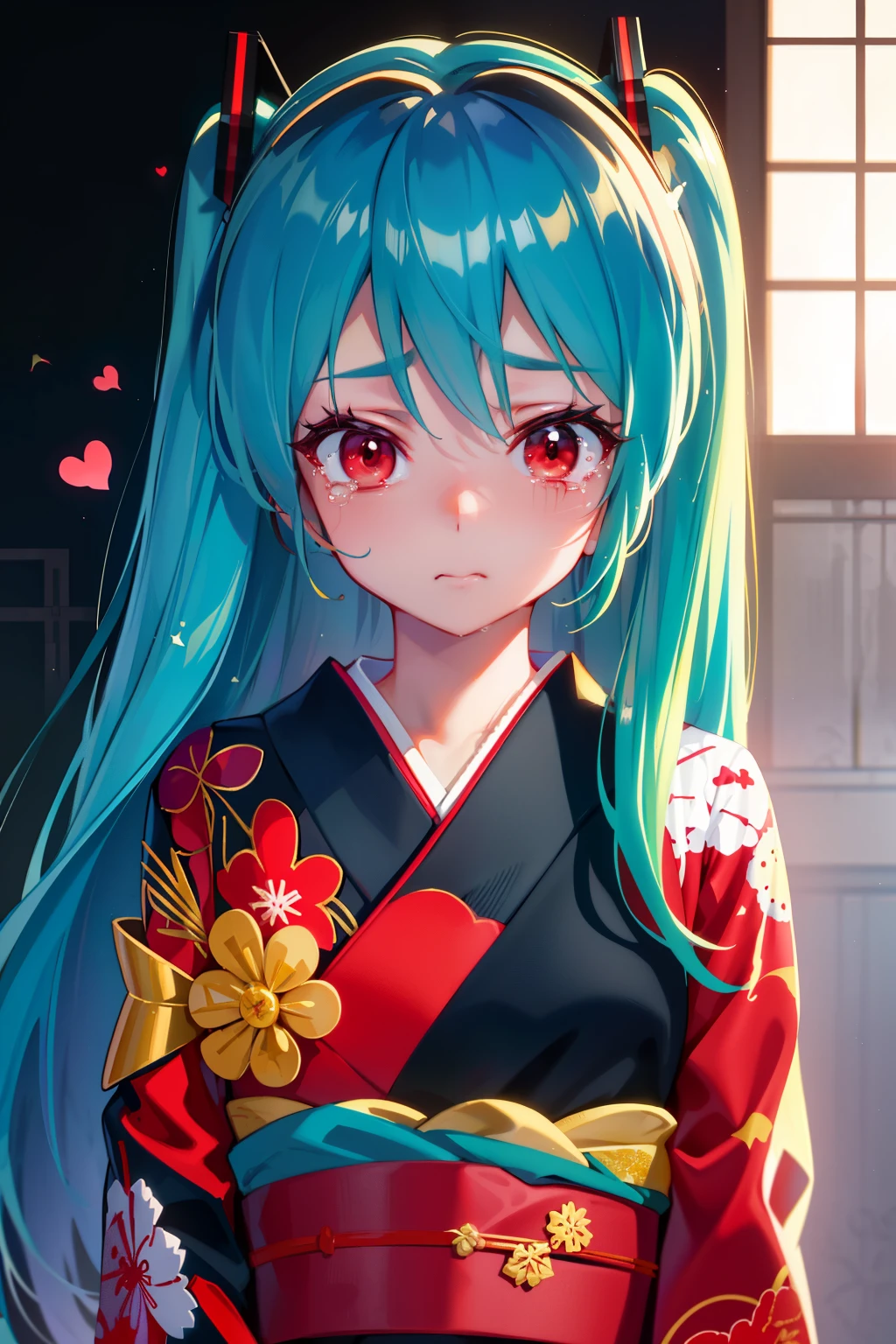 Masterpiece, best quality, heart-wrenching portrayal, 1girl named Miku, tears streaming down her cheeks, sad expression, red eyes, kimono with obi sash, beautiful detail, realistic textures, capturing the depth of emotions.
