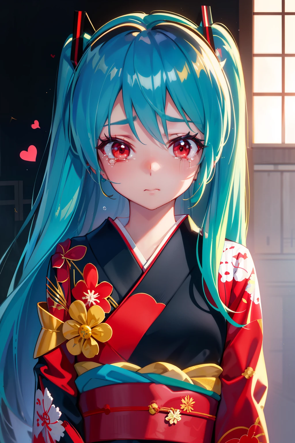 Masterpiece, best quality, heart-wrenching portrayal, 1girl named Miku, tears streaming down her cheeks, sad expression, red eyes, kimono with obi sash, beautiful detail, realistic textures, capturing the depth of emotions.