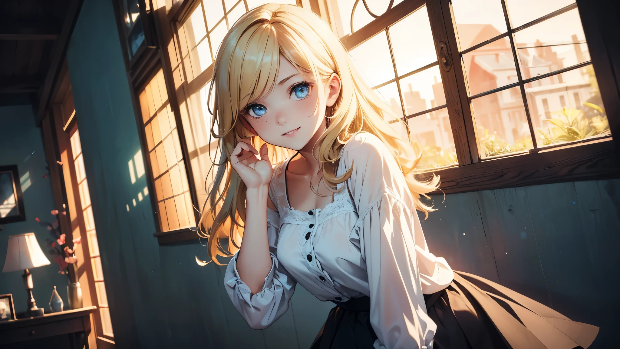 ((masterpiece,best quality,ultra detailed,ultra high res)), soft realistic focus, Perfect Eyes, dynamic shadows, realistic image, vibrant colors,light leaks,dreamy atmosphere,chiaroscuro,BREAK
experimental charm, The girl is depicted in full growth, girl 10 years old, thin and tall, you see the girl from head to toe, nostalgic appeal, country girlfriend, she take you with yourself, skirt and short blouse, soft mischievous smile, freckles, blonde hair, slightly leaning forward, flashback of memories, blonde, holding your hand