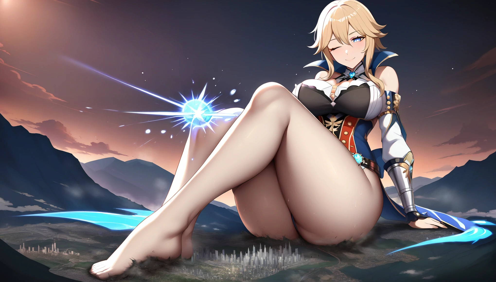 a girl using blue magic,jean genshin impact,(jk huge tits),milf,mature female,curvy body,good detail,one eye closed,giga size,taller then a mountain,looming over a city,destruction,magic,mystical,beautiful,seductive smile,temptation,shining eyes,full body,destroyed cities,sitting down,detailed face,temptation,lust