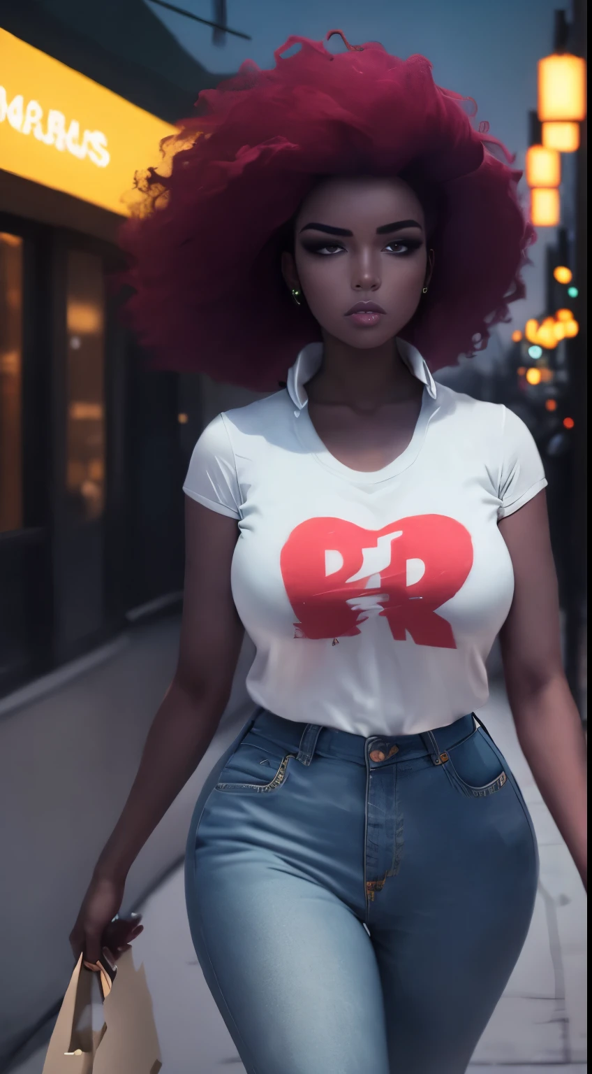 A sexy woman with big breasts and an athletic body walking on a red-lit avenue, luzes amarelas e azuis cabelo Afro short jeans camisa regata