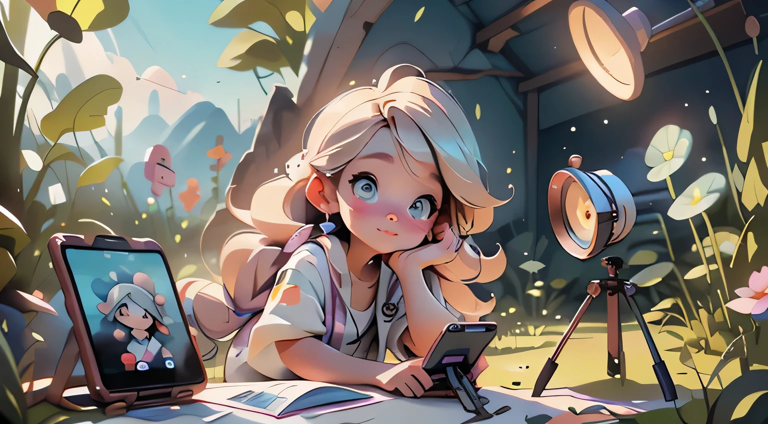 A blogger girl and a young artist, , pretty blonde with long hair, (shoots a distant view of the natural landscape on a smartphone), (((smartphone in hand)))Around her are various blogger accessories for shooting, a hoop-shaped flashlight, a microphone, a tripod with a smartphone. next to him is an easel with a canvas on which there is a sketch of a landscape, brushes, paints.  Moreno