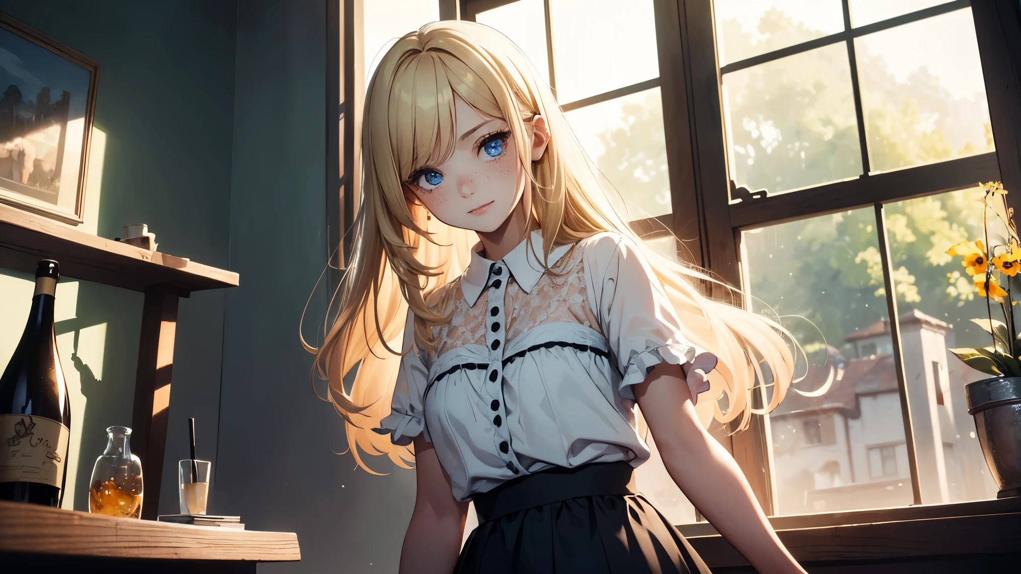 ((masterpiece,best quality,ultra detailed,ultra high res)), soft realistic focus, Perfect Eyes, dynamic shadows, realistic image, vibrant colors,light leaks,dreamy atmosphere,chiaroscuro,BREAK
experimental charm, The girl is depicted in full growth, girl 10 years old, thin and tall, you see the girl from head to toe, nostalgic appeal, country girlfriend, she take you with yourself, skirt and short blouse, soft mischievous smile, freckles, blonde hair, slightly leaning forward, flashback of memories, blonde, holding your hand