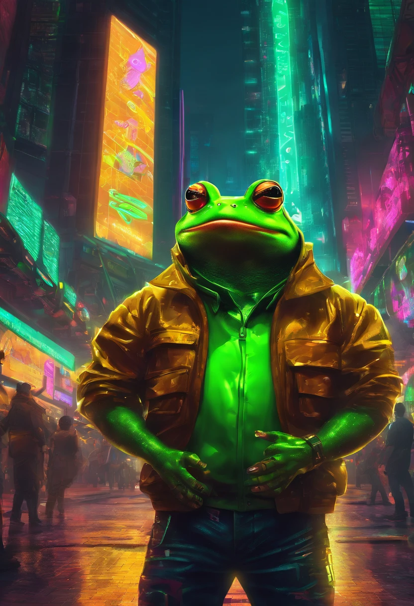 create a NFT of a fusion of a green frog and human. He is happy and looking at a gold coin. There should be technology in the picture and golden coins
