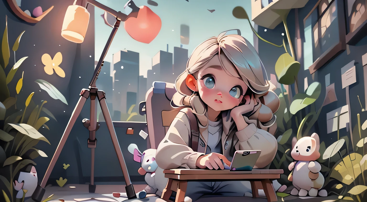 A blogger girl and a young artist, 10 years old, pretty blonde with long hair, (shoots a distant view of the natural landscape on a smartphone), (((smartphone in hand)))Around her are various blogger accessories for shooting, a hoop-shaped flashlight, a microphone, a tripod with a smartphone. next to him is an easel with a canvas on which there is a sketch of a landscape, brushes, paints. Moreno