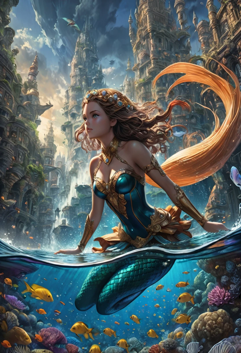 1girl, Diving, macro mermaid diving in the ocean; Epic cinematic brilliant stunning intricate meticulously detailed dramatic atmospheric maximalist digital matte painting Mark Brooks and Dan Mumford, comic book art, perfect, smooth oil painting by James Gurney trending on Artstation Unreal Engine 5 3D shading shadow depth volumetric lighting