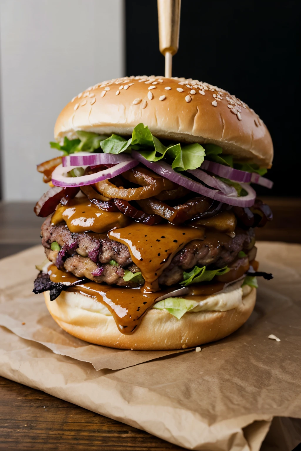 burger with black angus beef in brioche, burger sauce and caramelized onions.