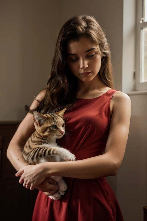 Girl in a red dress with a kitten in her arms