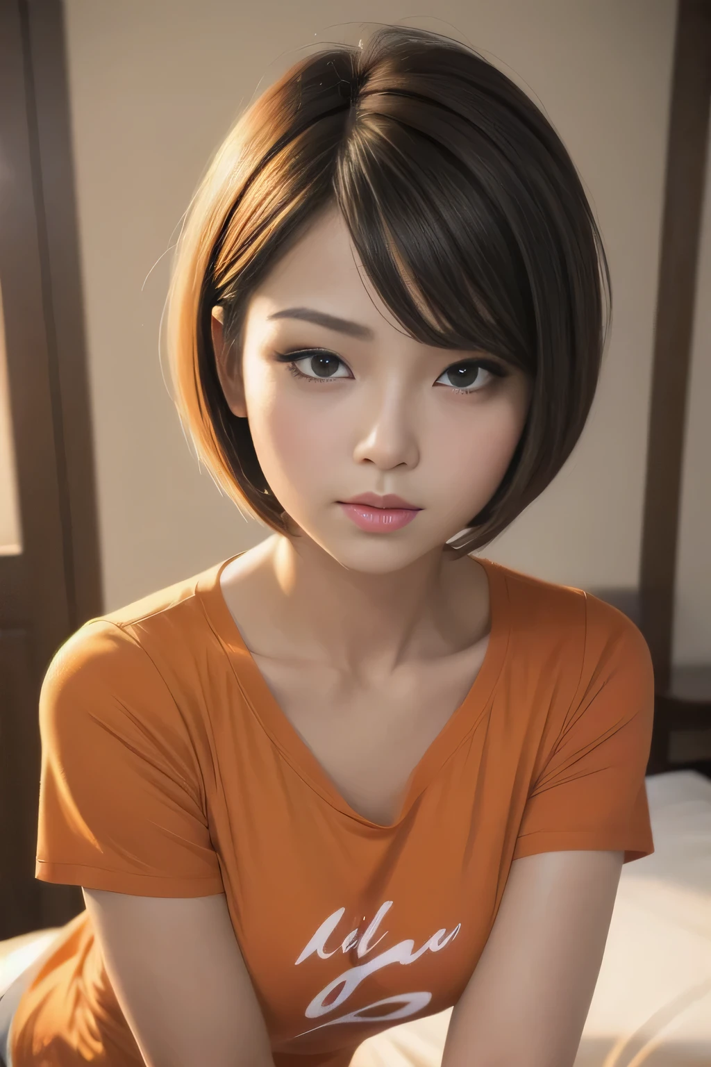 Sexy woman, short bob hairstyle, seductive gaze, blushing intensely, parted lips, desperate, flustered, lustful, orange t shirt, on bed