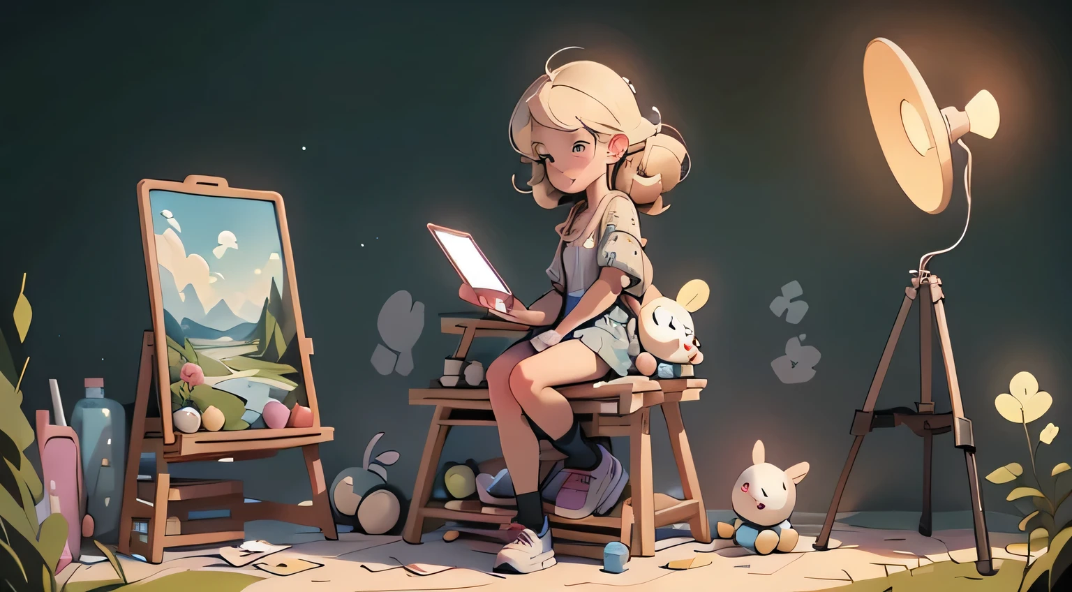 A blogger girl and a young artist, 10 years old, pretty blonde with long hair, ((full-length)), (there is a beautiful natural landscape around), (((smartphone in hand)))Around her are various blogger accessories for shooting, a hoop-shaped flashlight, a microphone, a tripod with a smartphone. next to him is an easel with a canvas on which there is a sketch of a landscape, brushes, paints.  Moreno