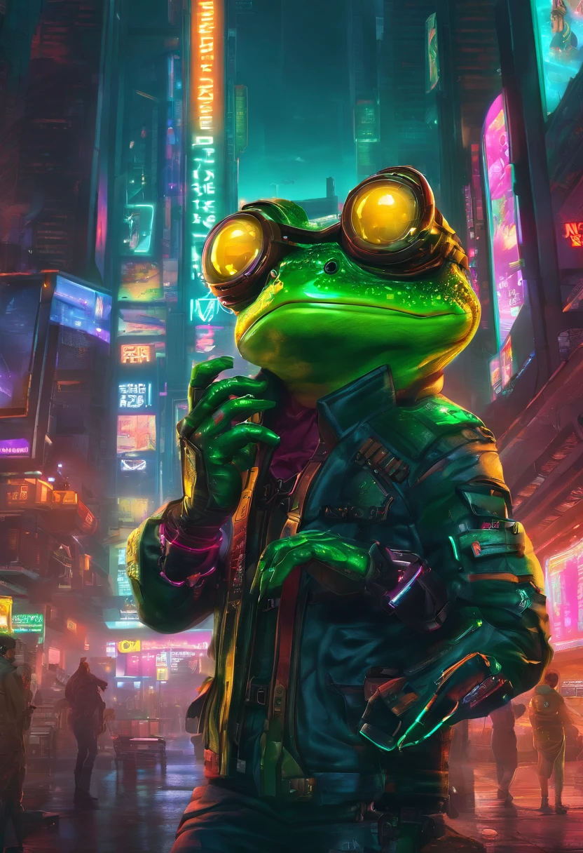 create a NFT of a fusion of a green frog and human. He has a big brain. There should be technology in the picture and golden coins
