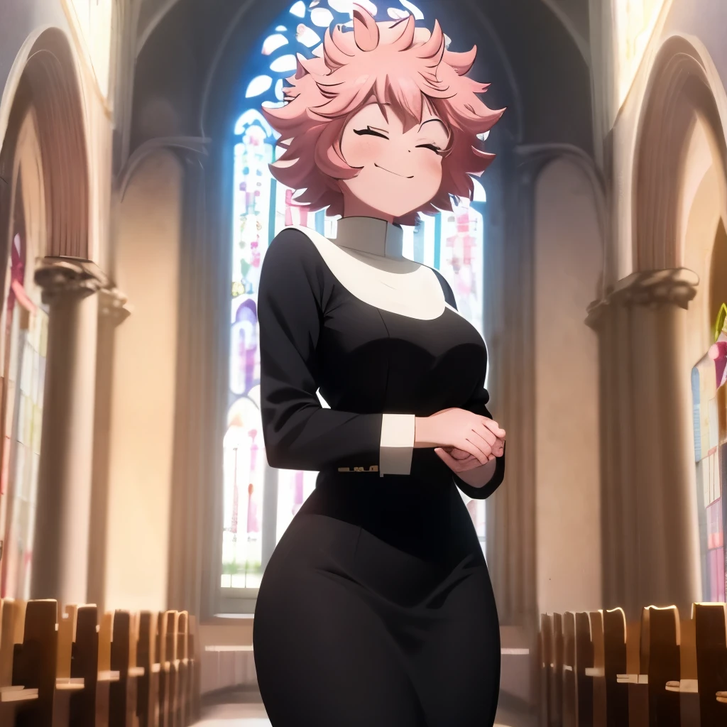 1 girl, Mina Ashido, my hero academia, pink hair, pink skin, shiny skin, short hair, eyes closed, smiling, head down, hands crossed in prayer, black, nuns outfit, standing in isle, cathedral, pews, high walls, stain glass inside a church, mystic, divinity, god rays shining down on her