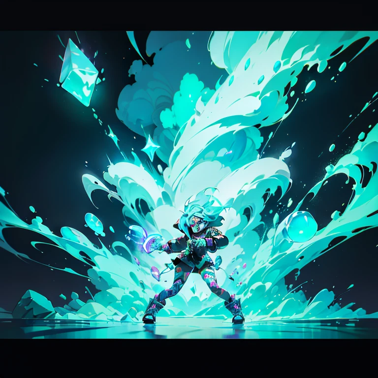 Girl beautiful slimes, league of legends splashart, dark street, pulsing energy, ability image, avatar image ((Trigger studio style, graffiti art, rock punk, cubo neon colors))), 5:2