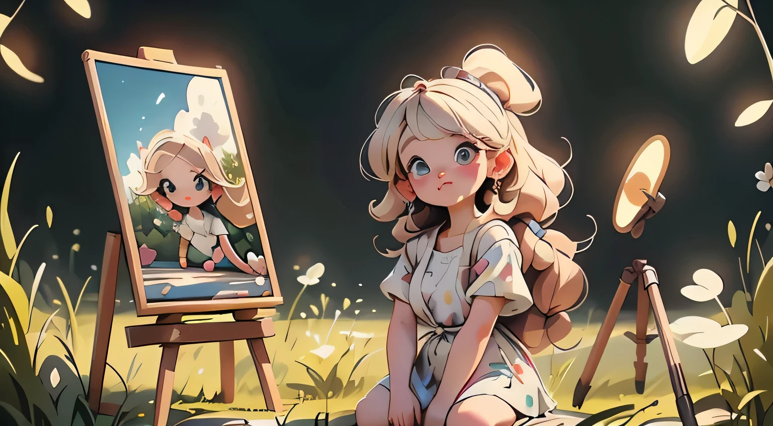 A blogger girl and a young artist, 10 years old, pretty blonde with long hair, ((full-length)), (there is a beautiful natural landscape around), (((smartphone in hand)))Around her are various blogger accessories for shooting, a hoop-shaped flashlight, a microphone, a tripod with a smartphone. next to him is an easel with a canvas on which there is a sketch of a landscape, brushes, paints. Moreno