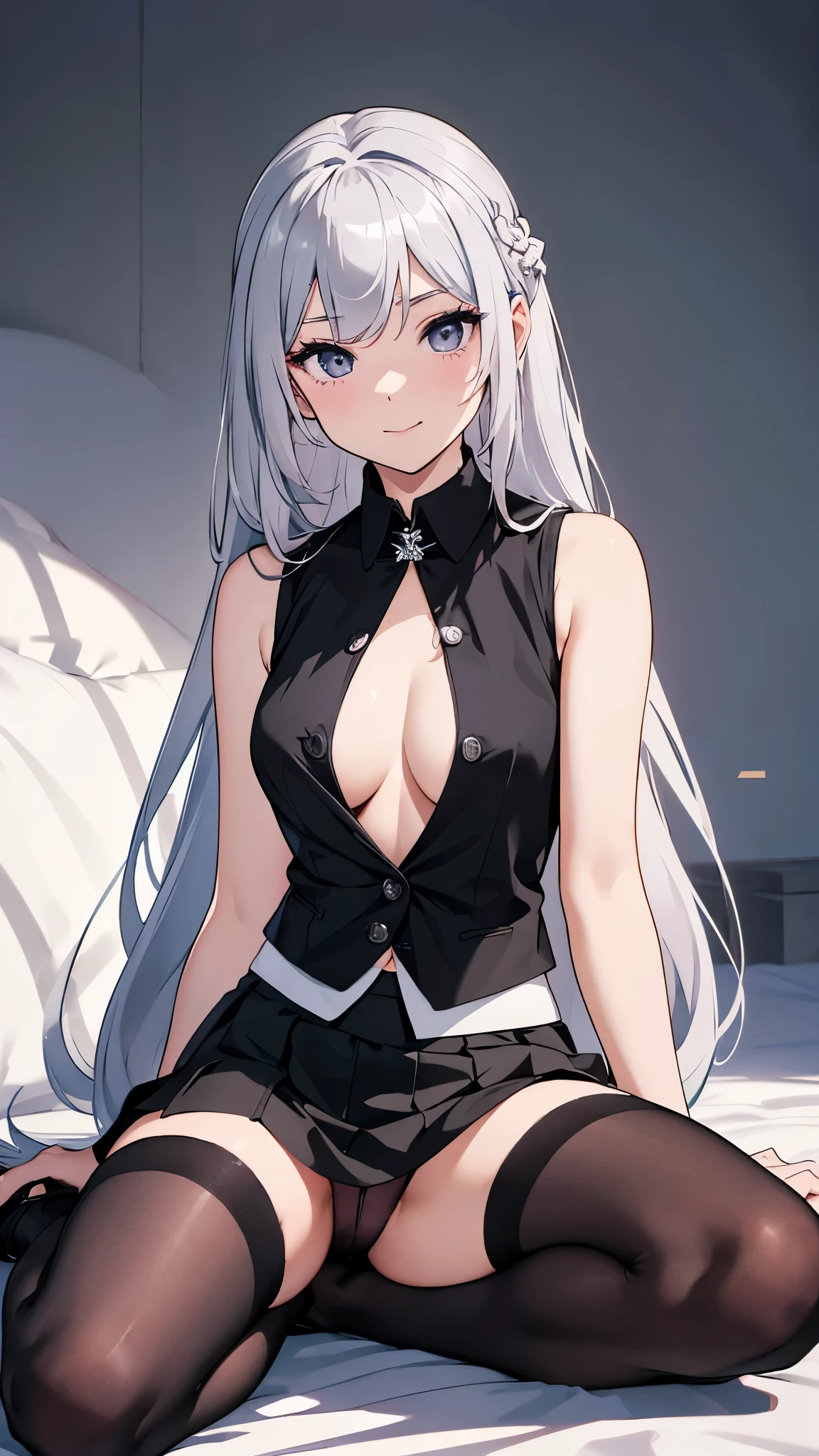 (highres,4k,8k,masterpiece:1.2), (1 girl), (alone), ((long flowing silver hair)), ((she is wearing a black unbuttoned sleeveless vest, with no under shirt, a vibrant pink skirt, and black thigh highs)), ((full body)). She is wearing elegant high heels, adding a touch of sophistication to her appearance, simple smile, embarrassed, eyeliner, long eyelashes, (cleavage), ((small chest)), facing viewer, sitting, (spreading legs), (nsfw:0.6)