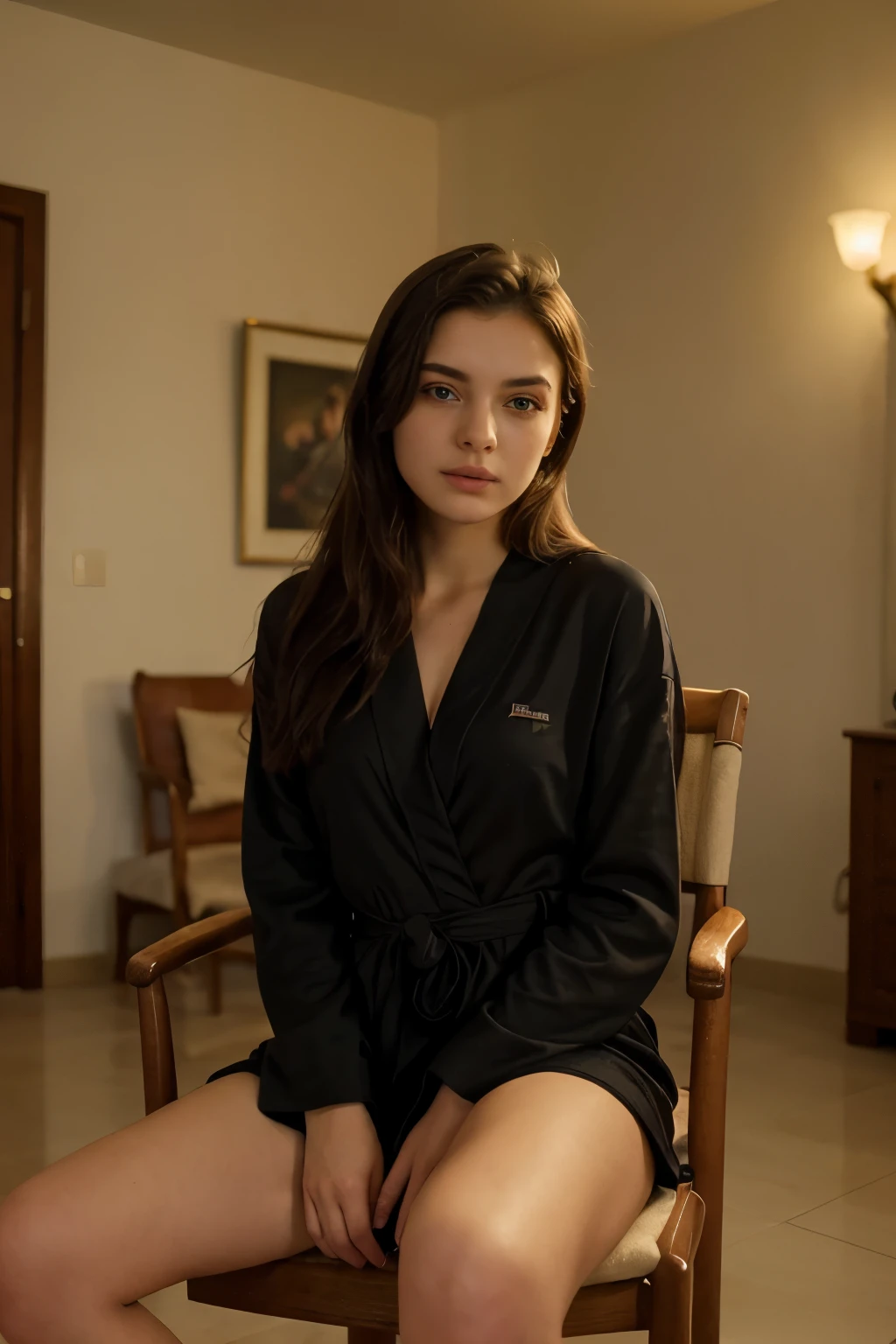 ((Best quality)), ((masterpiece)), (detailed), perfect face,dim light in the room,Erotic clothing, girl 20 years old,sitting in a chair in a lowered robe