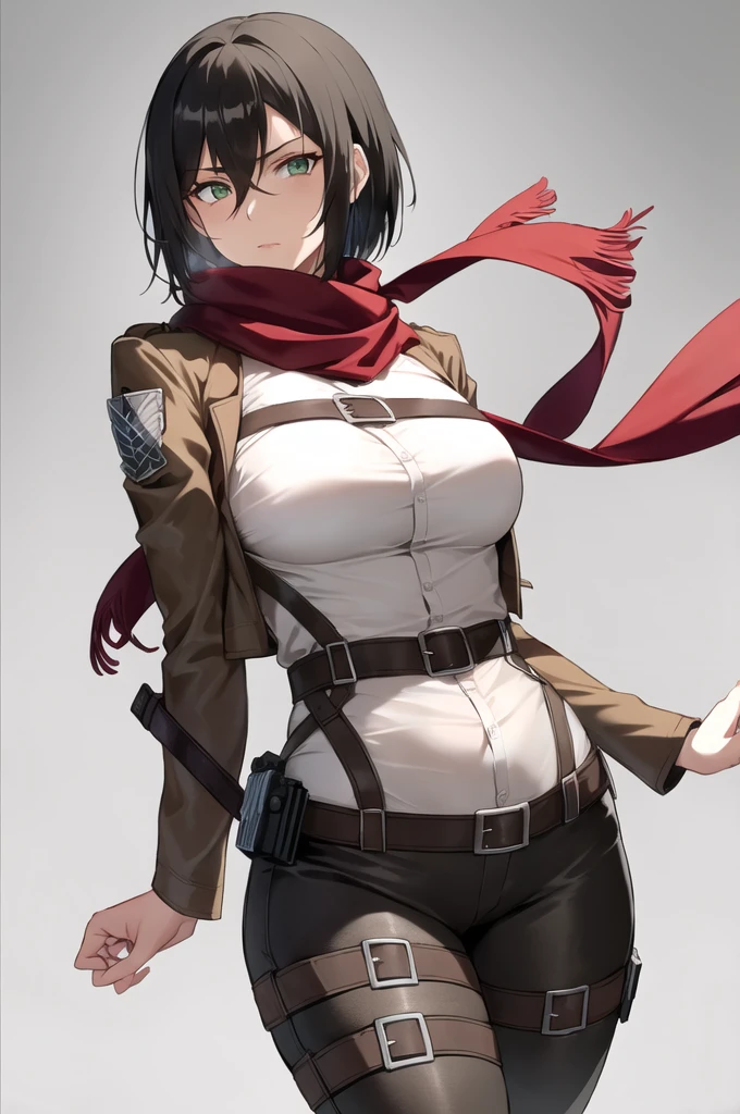 aot style, shingeki no kyojin, mikasa ackerman, 1girl, arm strap, bangs, black hair, black pants, breasts, cowboy shot, embers, green eyes, grey background, hair between eyes, harness, long sleeves, looking at viewer, medium breasts, pants, red scarf, scarf, shirt, short hair, smoke, solo, thigh strap, brown jacket, white shirt, survey corps \(emblem\), ((masterpiece)), best quality,