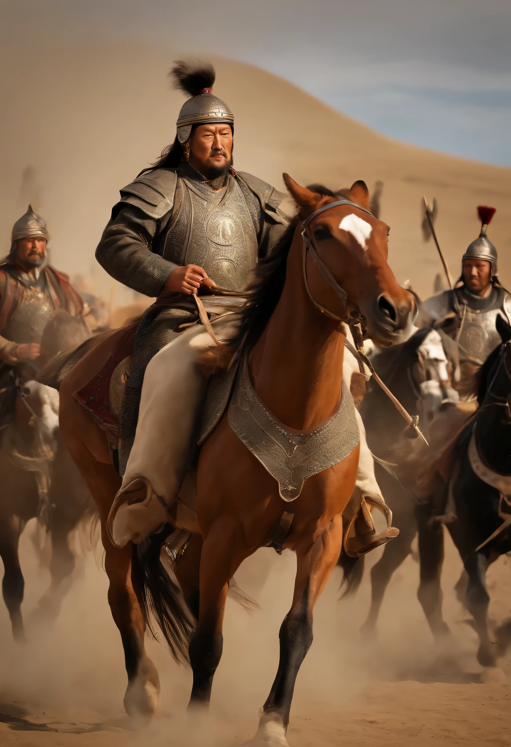 Stable spread prompt: Founding of the Genghis Khan Empire: Explanation of Mongol unification: A great and grandiose scene that narrates the founding of the vast empire of Genghis Khan through the reunification of various Mongol tribes..

tags:
- A great and grandiose scene - a significant historical event - a fierce and determined Mongol warrior - A unified Mongol tribe - The rise of Genghis Khan - A powerful and charming leader - Strategic military tactics - The vast and extensive Mongolian landscape - TRADITIONAL MONGOLIAN TENT - NOMADIC WAY OF LIFE - HARMONY AND HARMONY - CULTURAL DIVERSITY WITHIN THE MONGOL EMPIRE - HORSES AND HORSEBACK RIDING - TRADITIONAL MONGOLIAN CLOTHING AND ORNAMENTS - COMBAT STYLES AND WARFARE STRATEGIES - WEAPONS And armor - victory and victory - scenes full of power and action - Concentrated and evident energy - Ancient ruins and artifacts - Influential persons in the empire - Exploration and conquest - Silk Road and trade route - Cultural exchange and innovation - Crafts and artistic creations - Legacy and impact of the Genki Empire SAKHAN - IMMORTALITY AND ENDURING IMPORTANCE. MEDIUM: Oil Painting with High Detail Image Quality:
(best quality, 4k, 8k, height, Masterpiece:1.2), very detailed, (realistic, photorealistic, photo-realistic:1.37), HDR, UHD, studio lighting, Very detailed drawings, Sharp focus, Physical rendering, Very detailed explanation, professional, bright colors, Art style bokeh: Historical Painting, depicting realistic scenes

Color palette: earth tone, Warm shades, Illuminated rich gold accents: soft, Natural light with warm highlights and delicate shadows to enhance the dramatic effect. Note: Be sure to include specific details about the face and features of the character., Especially the eyes., nose, And lips., To ensure accurate visual presentation and avoid random changes during the creation process..