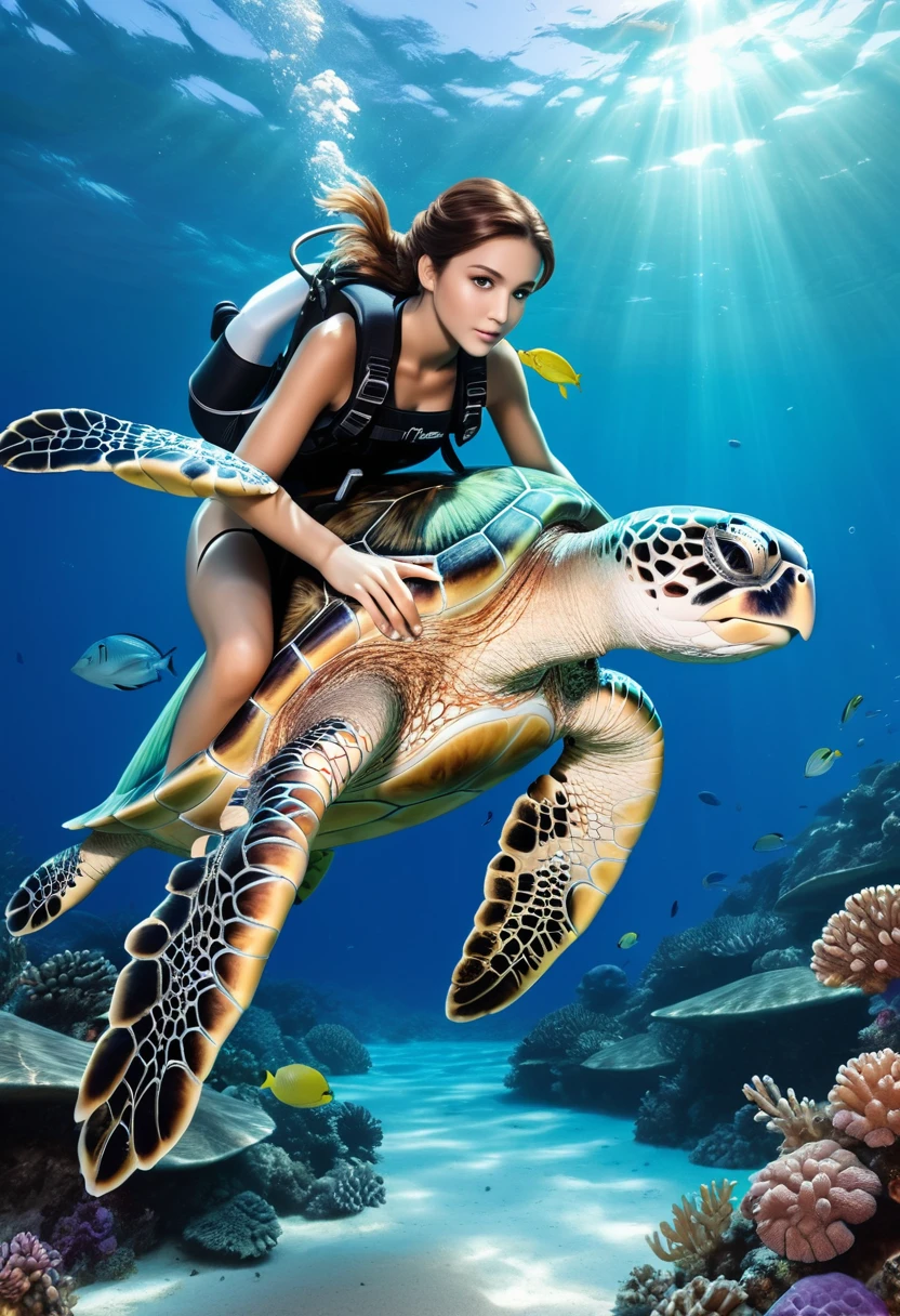 Diving suit girl find a huge sea turtle, (masterpiece, best quality, Professional, perfect composition, very aesthetic, absurdres, ultra-detailed, intricate details:1.3)