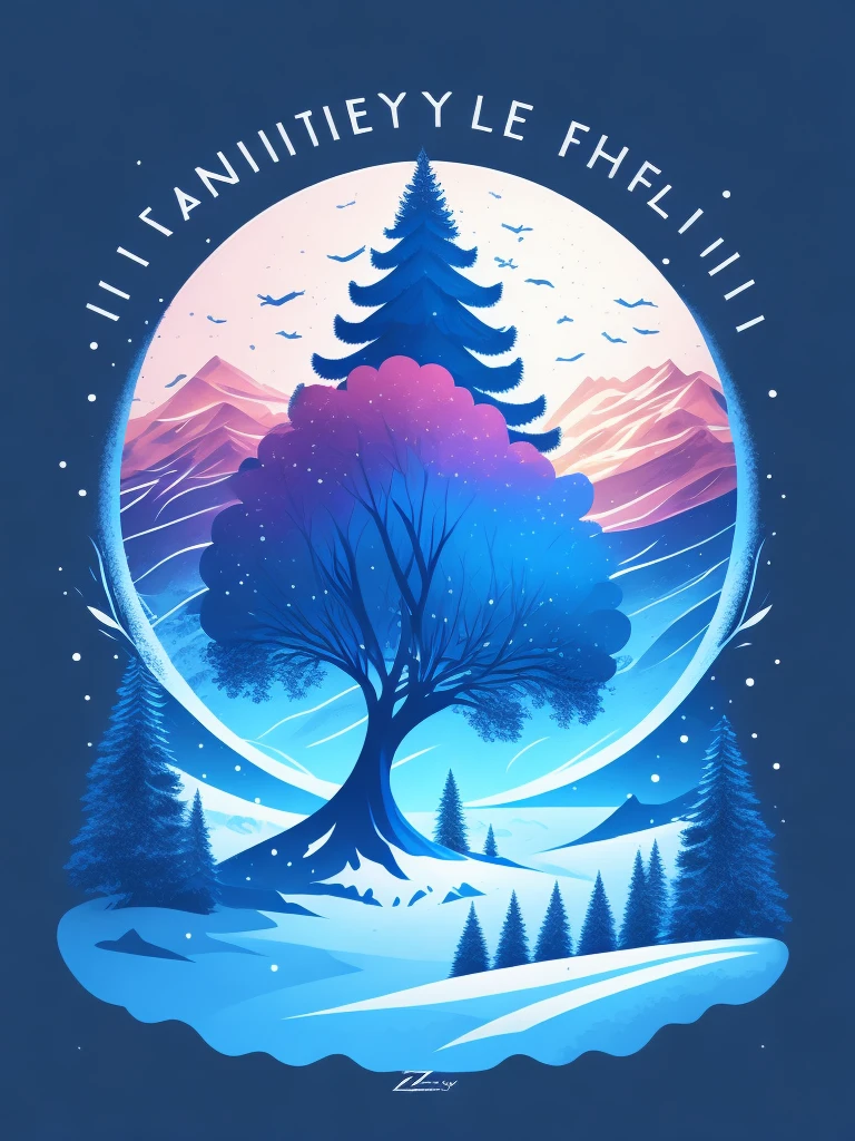 a spruice tree in a winter landscape, tshirt design, rzminjourney, vector-art
