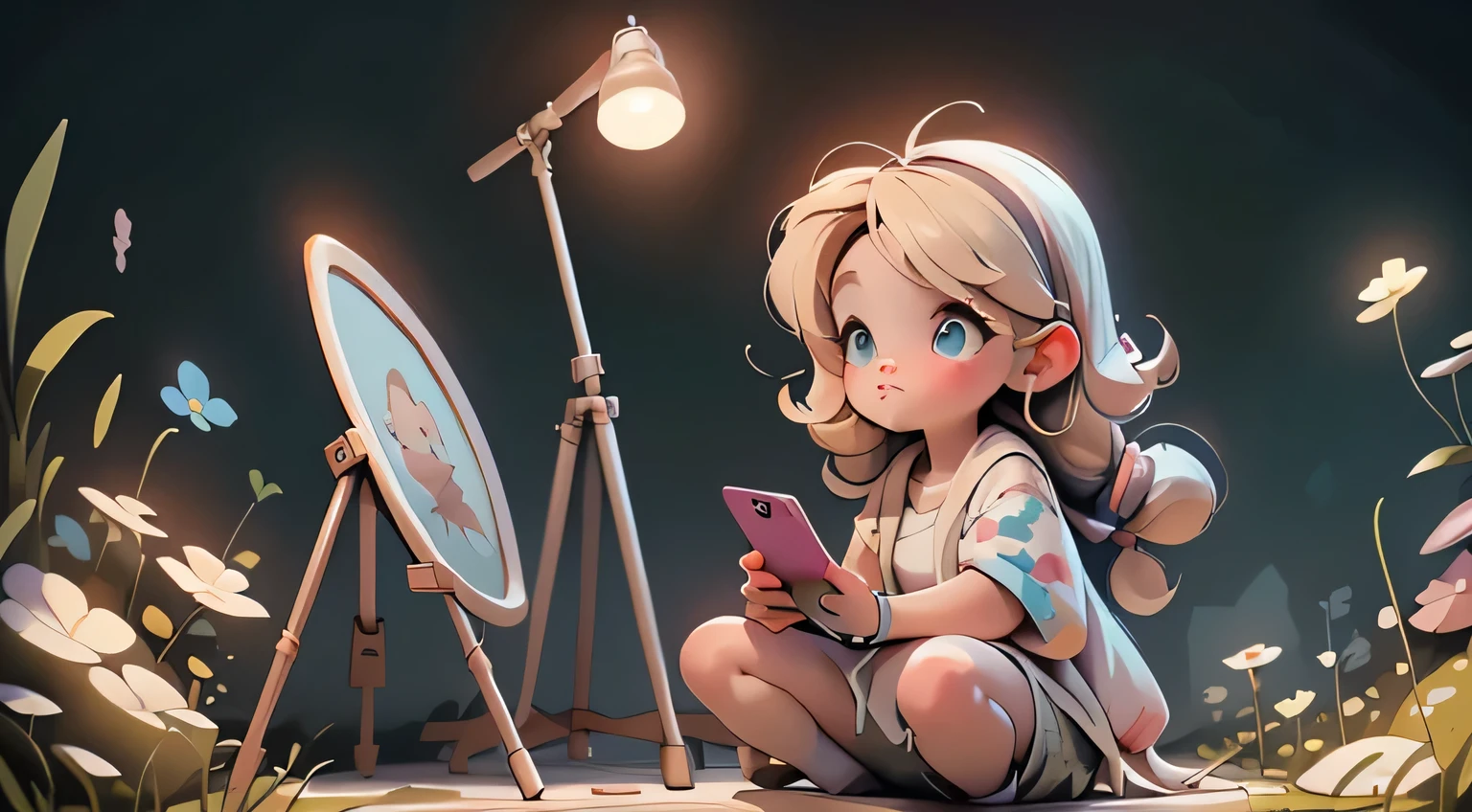 A blogger girl and a young artist, , pretty blonde with long hair, ((full-length)), (there is a beautiful natural landscape around), (((smartphone in hand)))Around her are various blogger accessories for shooting, a hoop-shaped flashlight, a microphone, a tripod with a smartphone. next to him is an easel with a canvas on which there is a sketch of a landscape, brushes, paints.  Moreno
