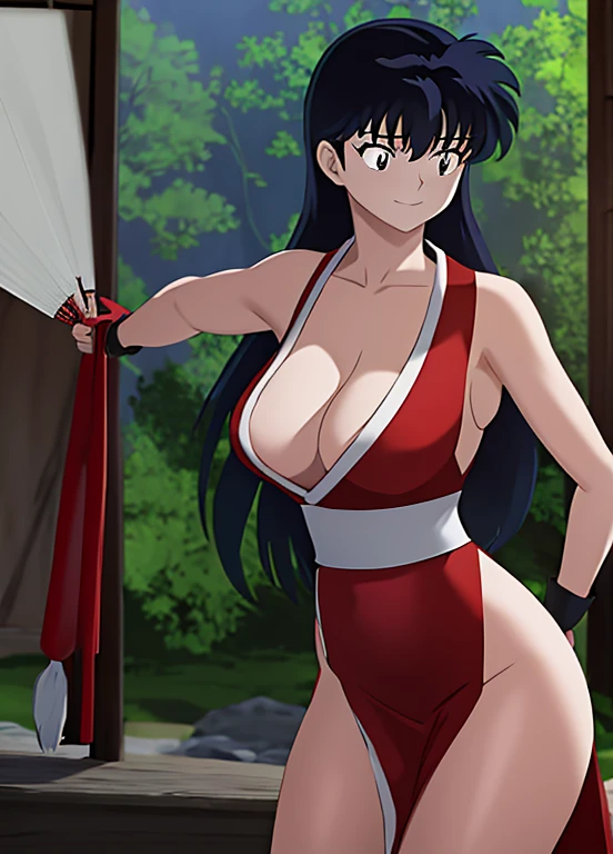 masterpiece, best quality, Kagome Higurashi, 25 years old, , cleavage, very busty, big , She stands tall while wearing a red Kunoichi dress, pelvic curtain, arm guards and gloves. she's looking directly at the camera with an confident smirk. Her gaze is both alluring and fierce, as she holds a red fan with a tight grip. cowboy shot, BREAK Outdoors, the view of the green forest, Japanese architecture in the surroundings. Perfect ,(Professional Lighting), 4k textures, raw photo, epic artistic, photoreal art, sharp focus, even lighting, insane details, intricate details, hyperdetailed, rich colors
