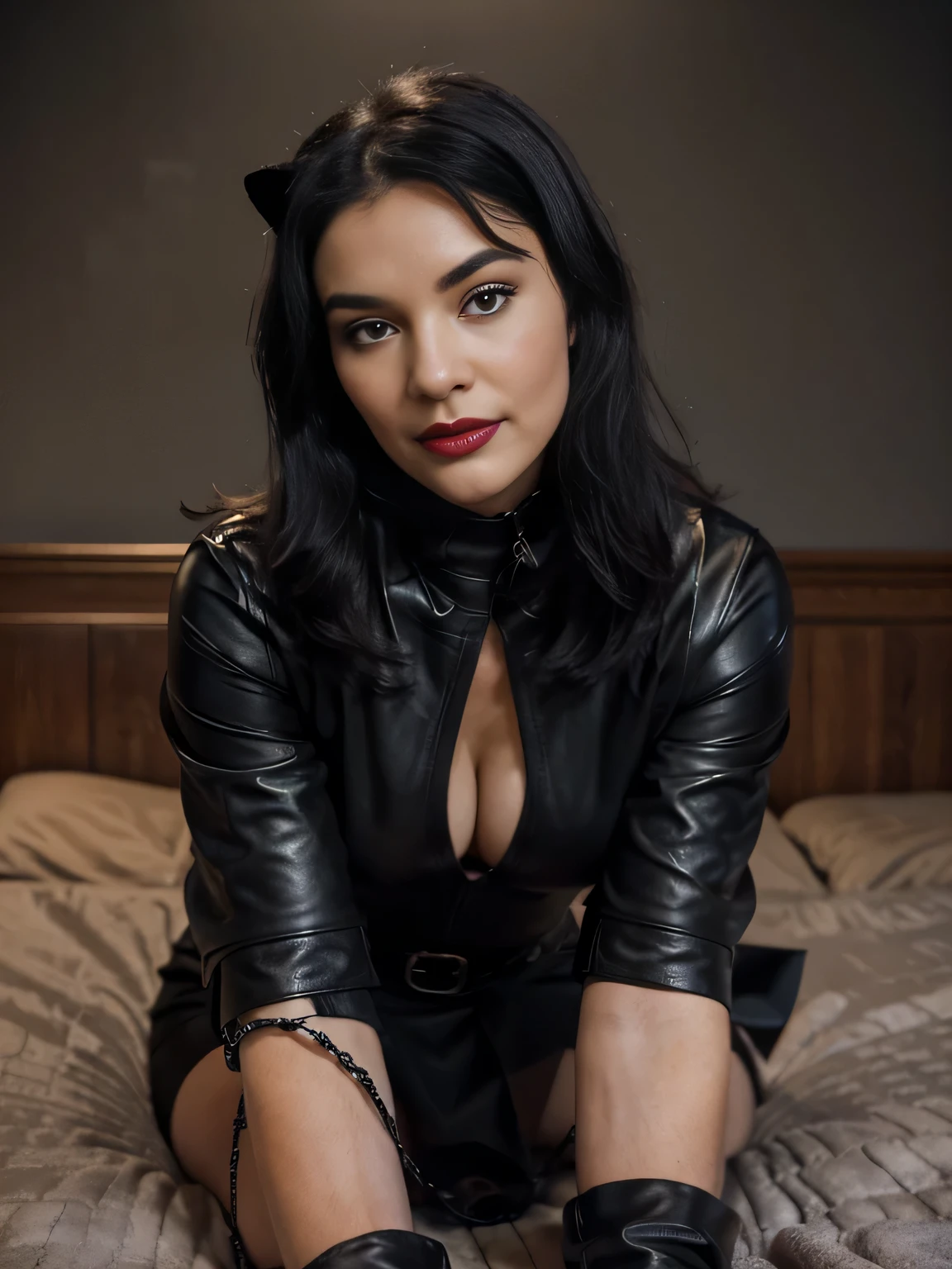 proFessional portrait photograph oF a gorgeous smiling catwoman,Bettie page girl in winter clothing ,ponytail Black hair, red lipstick,black long maxi-skirt(black long maxi-skirt:1.2),sultry Flirty look, gorgeous symmetrical Face, joli maquillage naturel, wearing elegant warm winter Fashion clothing,flirting with the camera, ((black leather gloves)), ((lying on the bed hands and feet chained on the bed in front of me in my dark hotel room )), ultra realistic, art conceptuel, elegant, Very detailed, complexe, sharp Focus, depth oF Field, F/1. 8, 85mm, (((proFessionally color graded))), bright soFt diFFused light, (volumetric Fog), tendance sur Instagram, hdr 4k, 8K