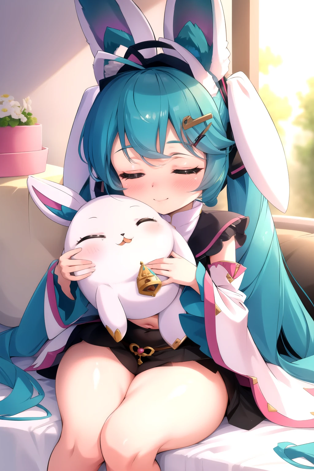 Masterpiece presentation: A beautiful Miku dressed in a bunny costume, showcasing the best quality and highly detailed design. Her ears are tall and fluffy, adorned with intricate pink bows. Her eyes are closed in delight, with a cute pink blush spreading across her cheeks. Her white bunny suit is perfectly fitted, revealing a hint of her midriff. Miku's bunny tail is long and fluffy, adding to the playful and adorable appearance. The lighting is perfect, illuminating every detail of the scene. S2, enjoy this enchanting artwork.