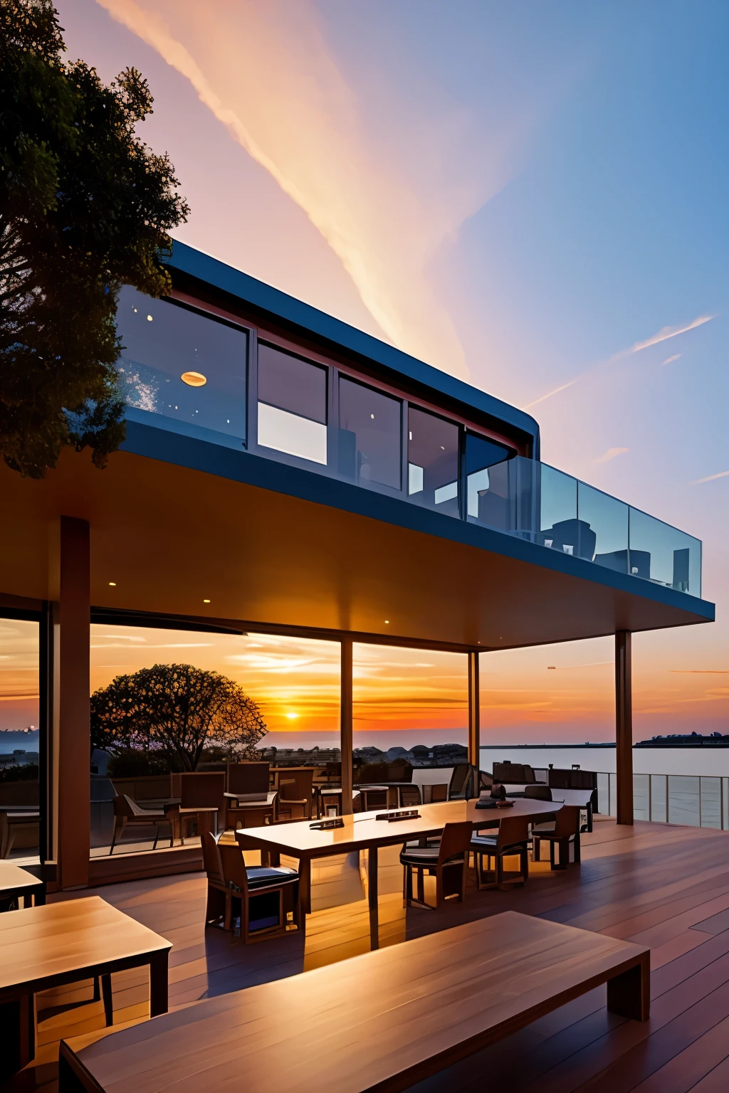 magical library floating in the sky on a sunset 