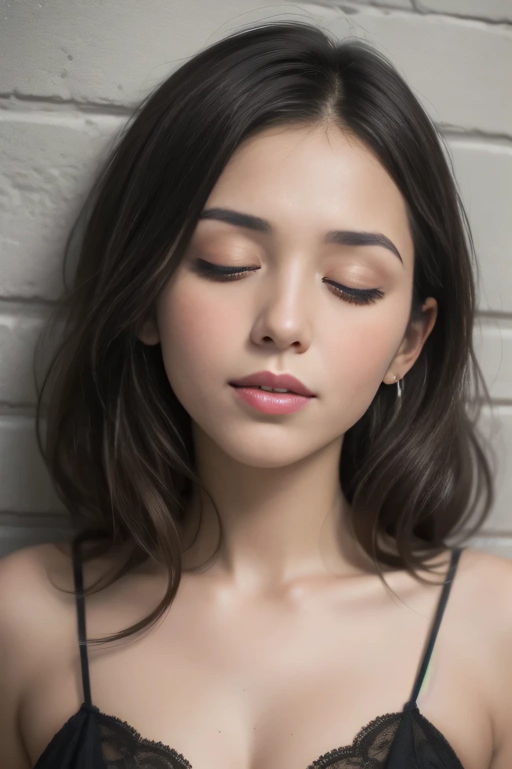 Close up shot of a woman who has closed her eyes and parted her perfect lips, blushing very hard, kissable face and lips, amazing makeup, against a wall