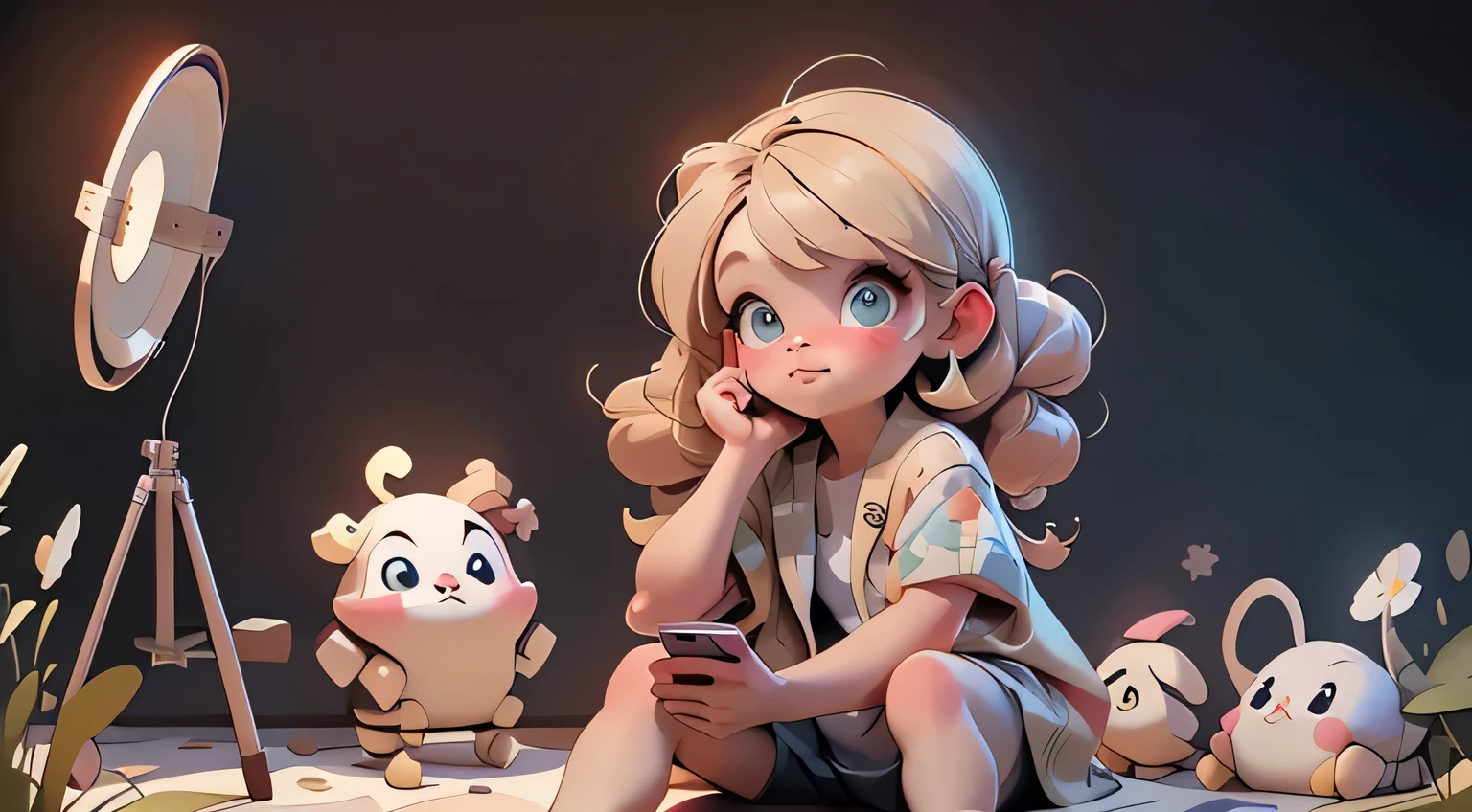 A blogger girl and a young artist, 10 years old, pretty blonde with long hair, very cheerful, ((full-length)), (there is a beautiful natural landscape around), (((smartphone in hand)))Around her are various blogger accessories for shooting, a hoop-shaped flashlight, a microphone, a tripod with a smartphone. next to him is an easel with a canvas on which there is a sketch of a landscape, brushes, paints.  Moreno