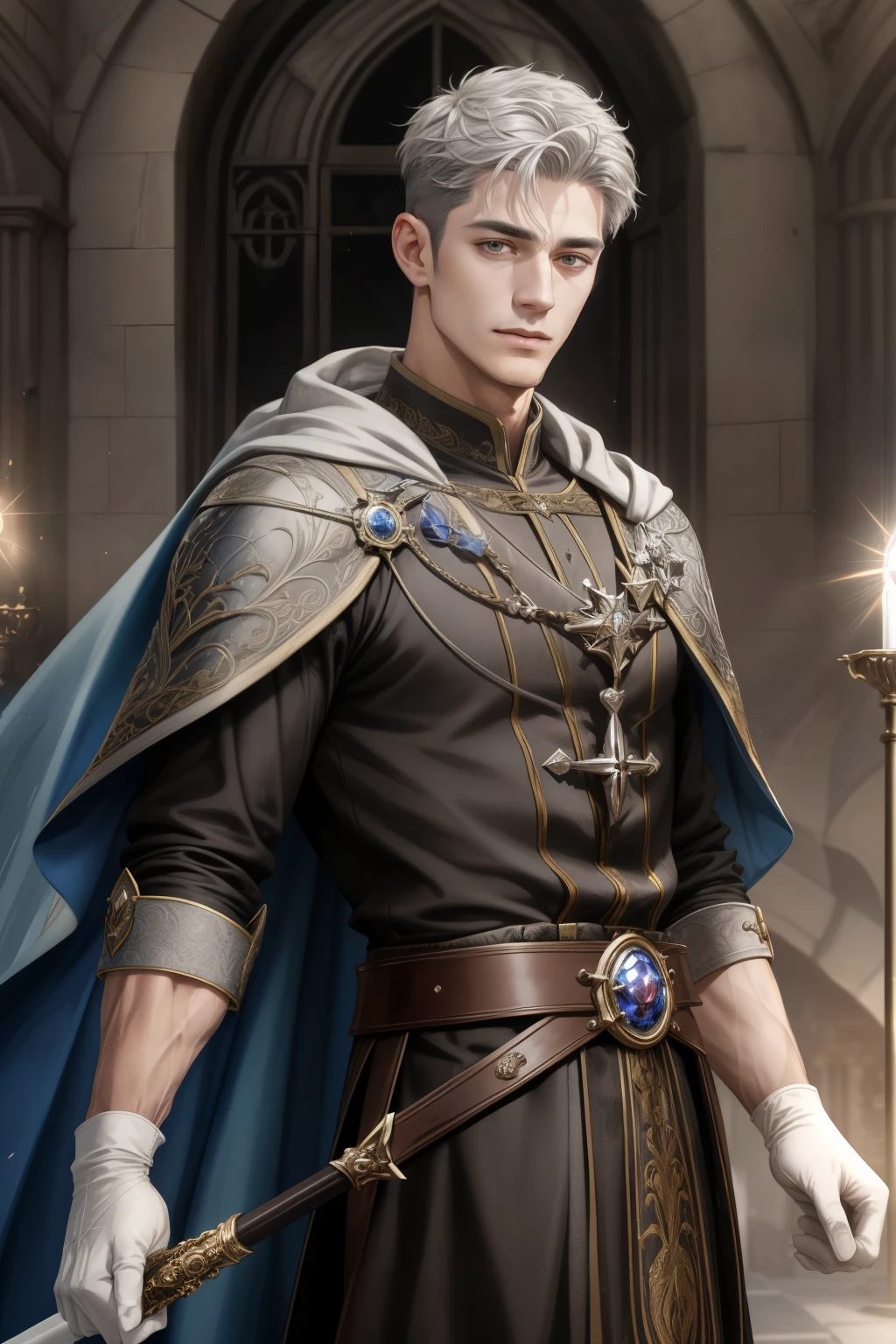 (Absurdres, Intricate Details, Masterpiece, Best Quality, High Resolution, 8k), 1 male, masculine, young, aged up, dreadful, finely detailed eyes and face, gray short back and sides hair, black eyes,  portrait,  looking at viewer, solo, (full body:0.6), detailed background, (RootsBranchesAI theme:1.1) glowing eyes, gentle smile,   high fantasy, cleric, casting healing spell,  hovering in air, sunshine,  color cape, gloves, magic wand, , mana, bright realistic lighting, marble castle in background, peaceful atmosphere,  tiara of light hovering above head, , Depth of Field, VFX.